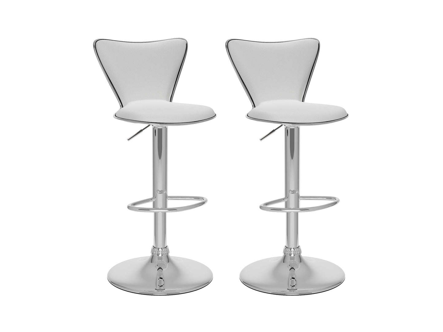 White swivel bar stools set of 2 with cushioned seats, chrome-finished footrests, and adjustable height, featuring sleek modern design and durable materials perfect for kitchen islands or home bars.