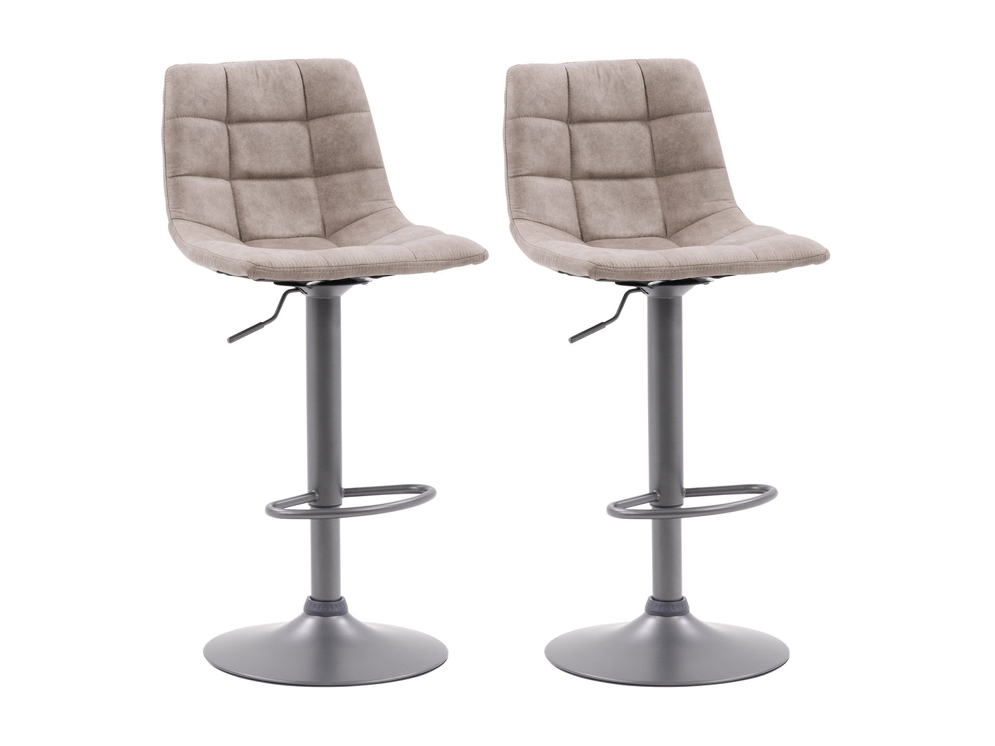 Light grey swivel bar stools, set of 2, featuring cushioned seats, sleek metal frames, and footrests; perfect for modern kitchen islands or home bars.