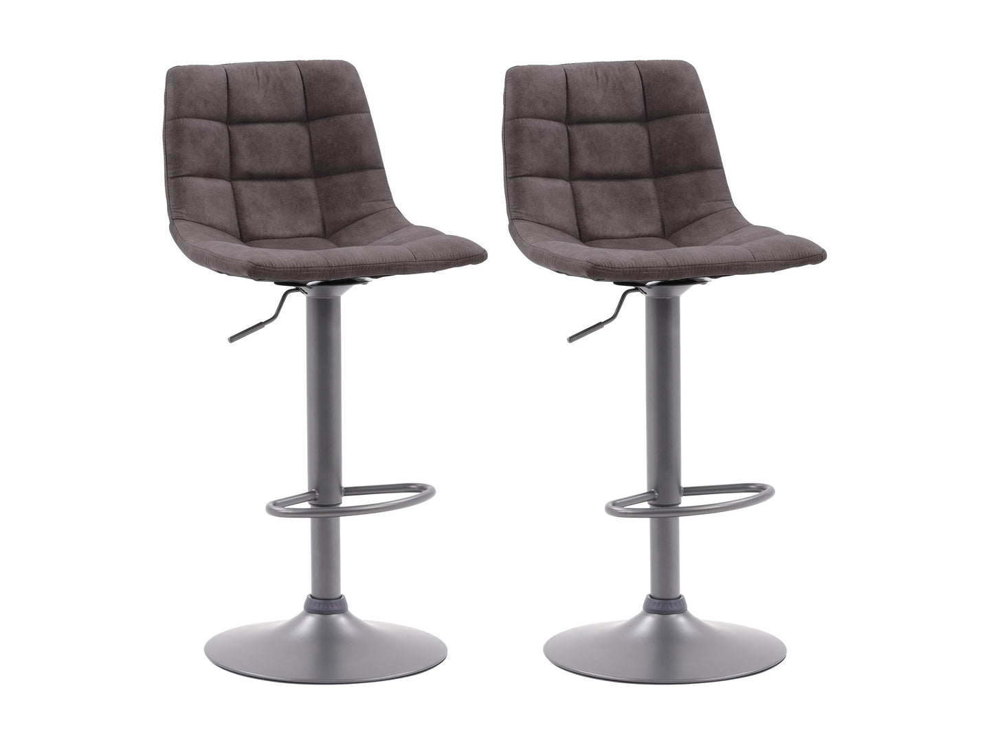 Dark grey swivel bar stools set of 2 with cushioned seats, metal legs, and footrests. Modern design, perfect for kitchen islands or home bars. Durable fabric and sturdy construction for comfort and style.