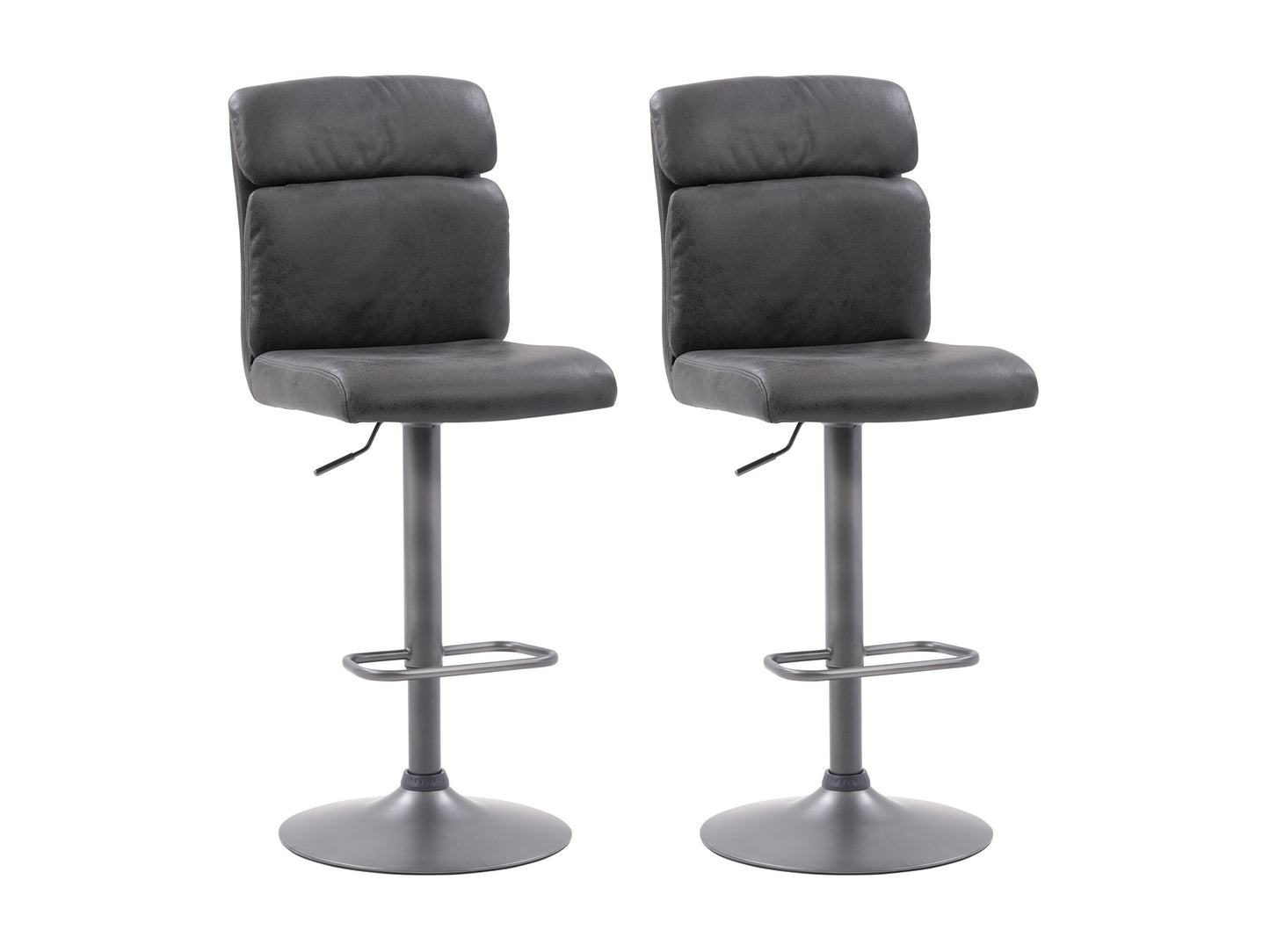 Black swivel bar stools set of 2, featuring cushioned seats, sleek metal legs, and footrests, perfect for modern kitchens or home bars. Durable faux leather upholstery with a contemporary design.