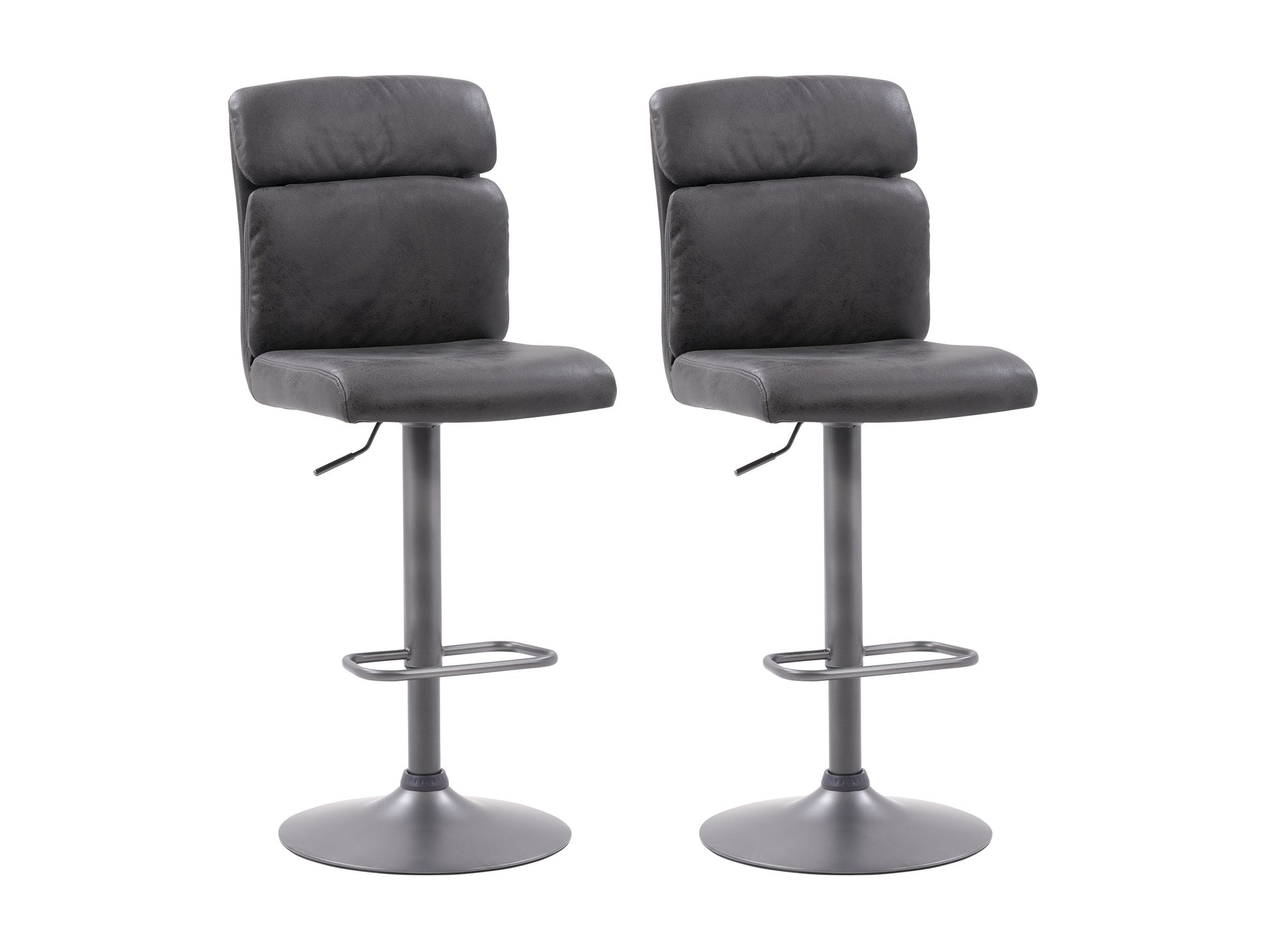 Black swivel bar stools set of 2, featuring cushioned seats, sleek metal legs, and footrests, perfect for modern kitchens or home bars. Durable faux leather upholstery with a contemporary design.