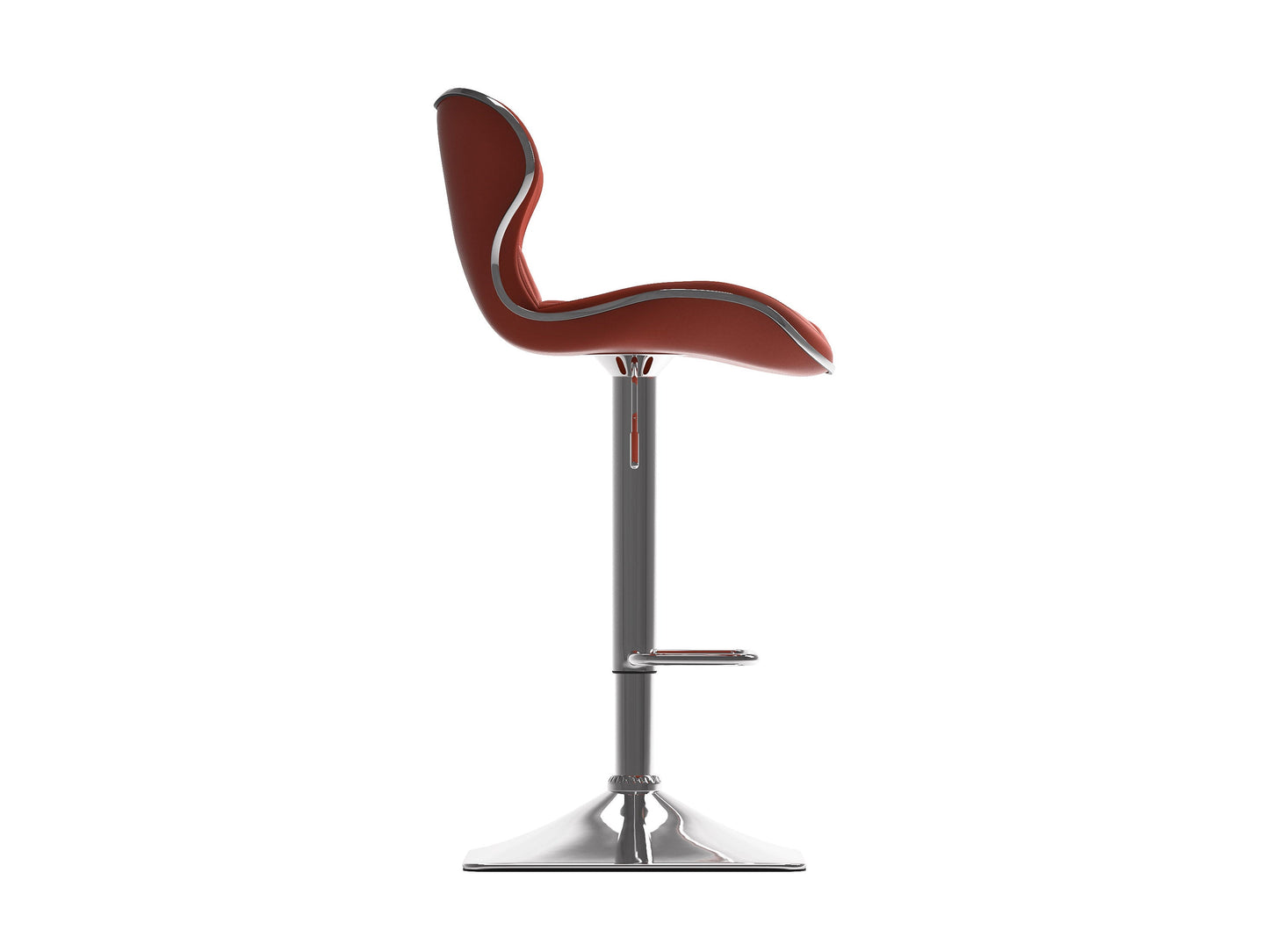 Set of 2 modern bar stools with backs, featuring dark brown faux leather upholstery, chrome metal footrest, and adjustable height.