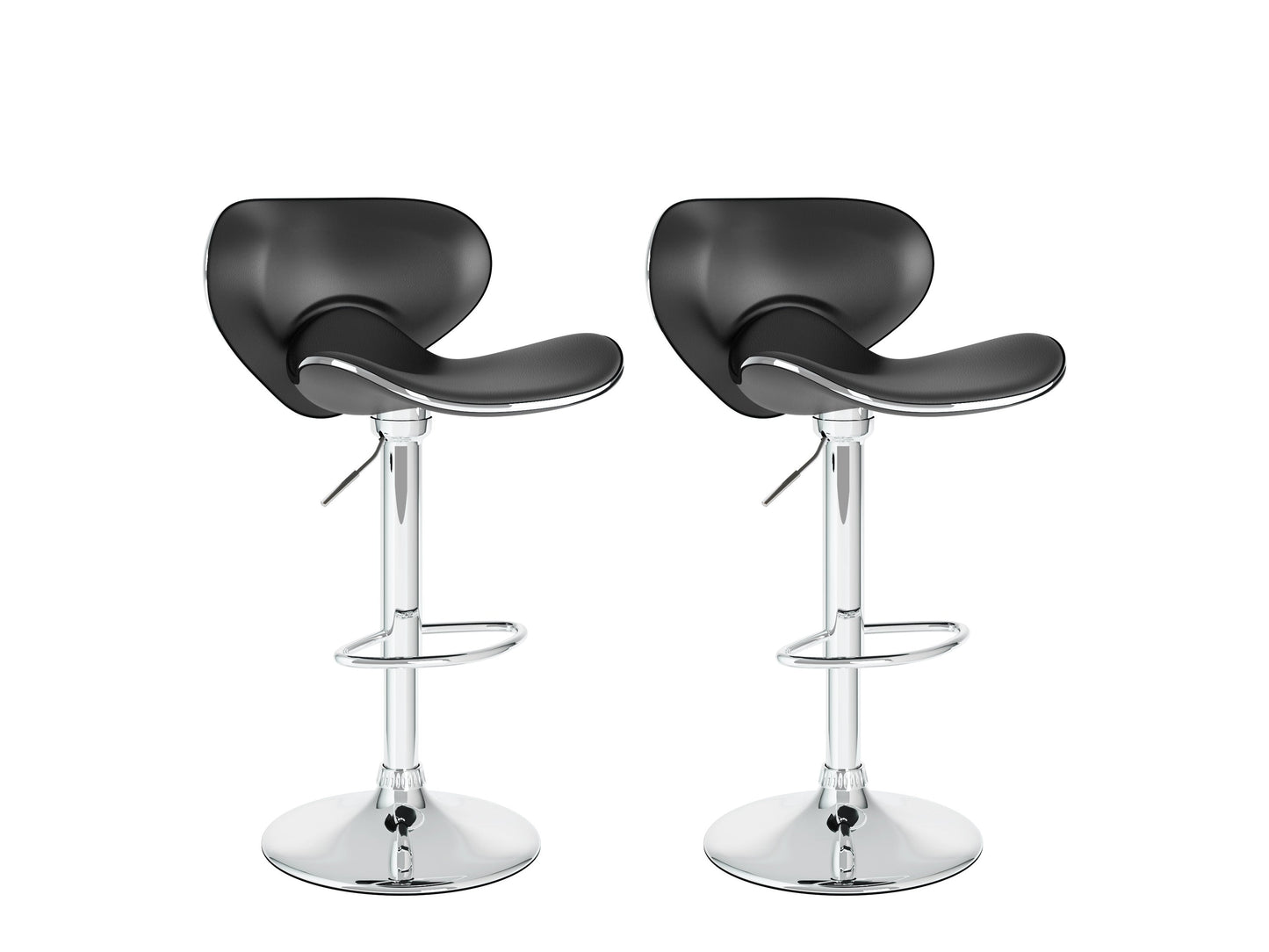 Black bar stools with backs, set of 2, featuring sleek metal frames, cushioned seats, and footrests. Perfect for modern kitchens or home bars.