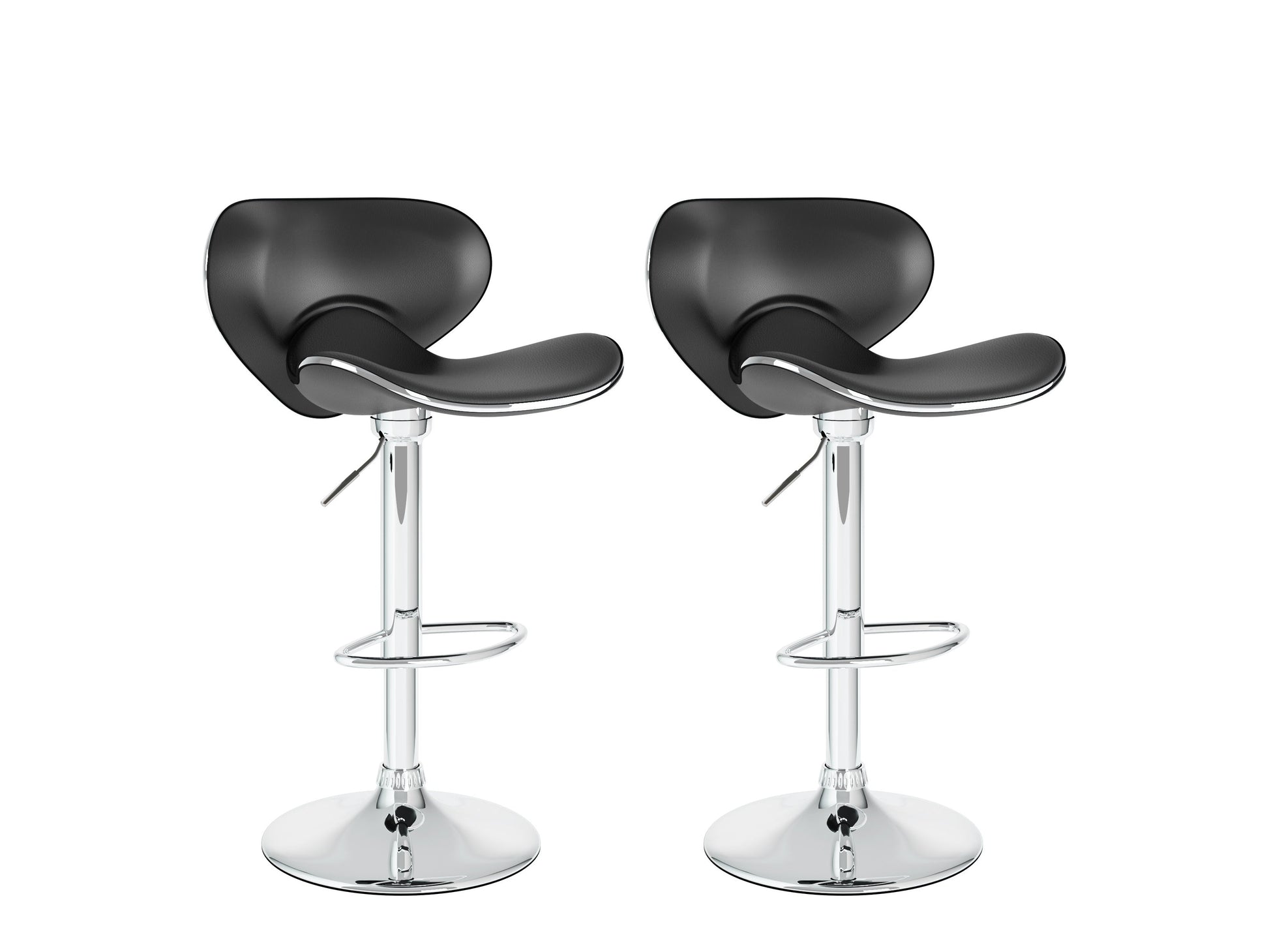 Black bar stools with backs, set of 2, featuring sleek metal frames, cushioned seats, and footrests. Perfect for modern kitchens or home bars.