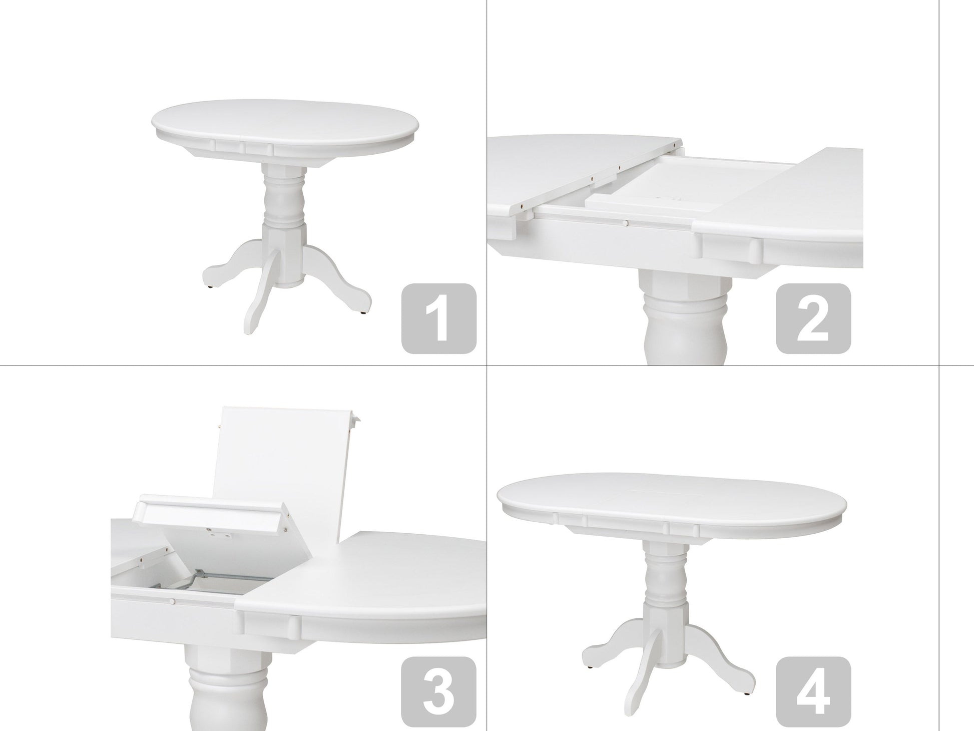 White extendable oval dining table with sleek, modern design, featuring a smooth white finish, sturdy wooden legs, and an easy-to-use extension mechanism for versatile dining space.