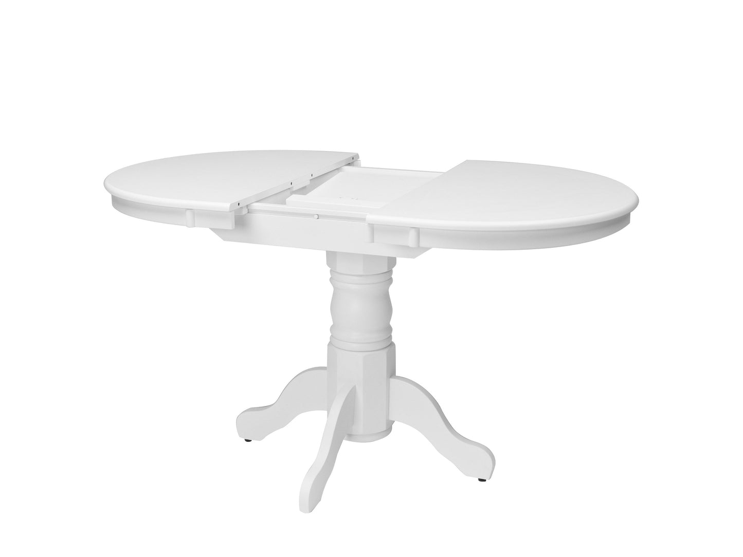 White extendable oval dining table with sleek, modern design, featuring a smooth white finish, sturdy wooden legs, and an easy-to-use extension mechanism for versatile dining space.