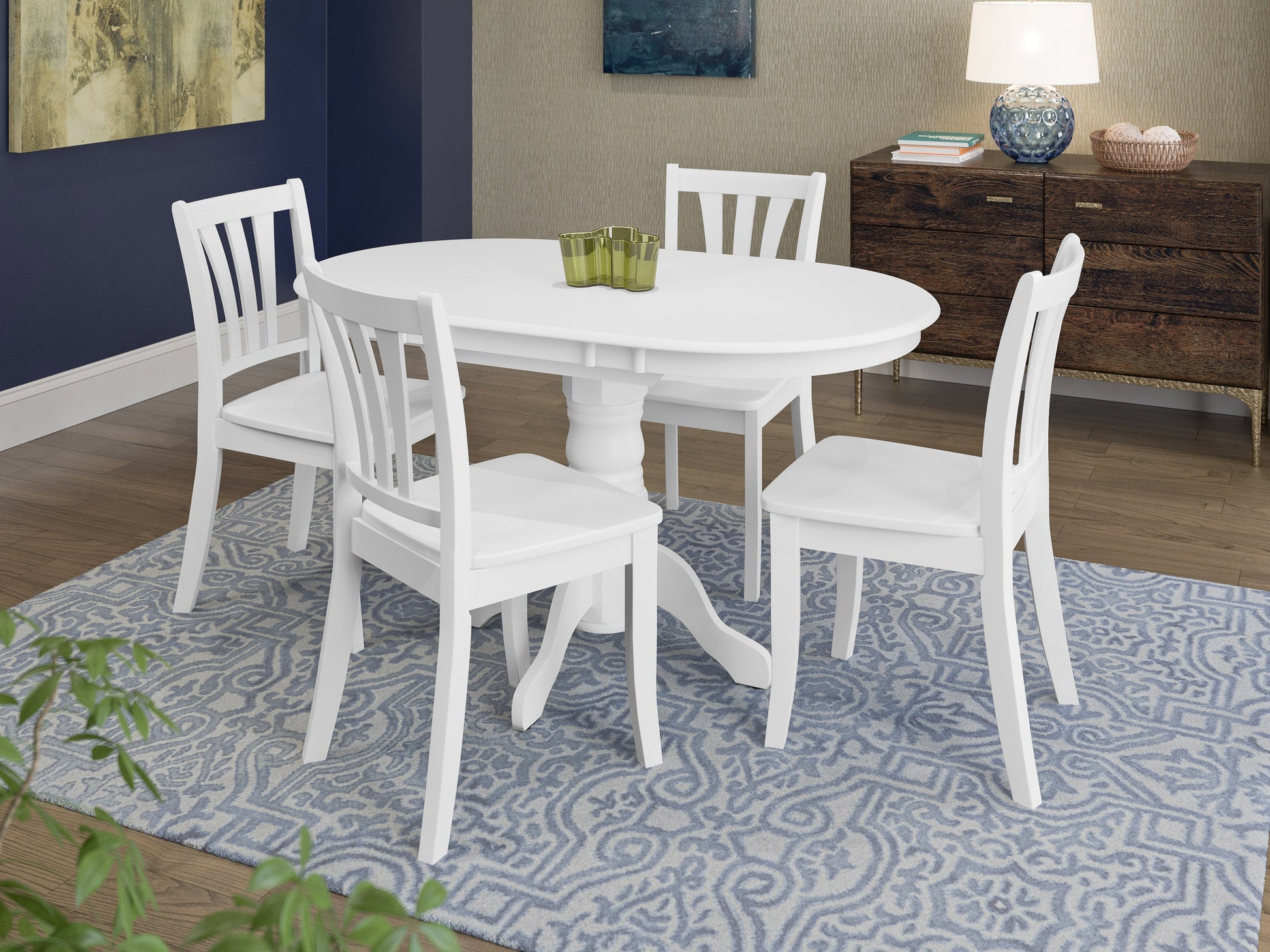 Alt Tag: White extendable oval dining table with four matching chairs, featuring sleek lines and a minimalist design, perfect for modern dining rooms.