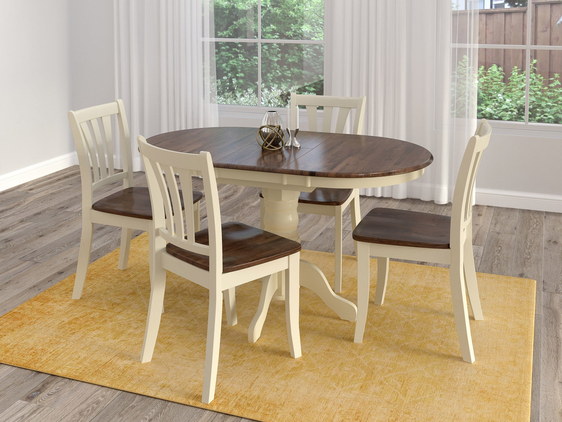 Alt Text:  
Dark brown oval extendable dining table with cream upholstered chairs, wooden legs, and smooth finish, perfect for modern dining rooms.