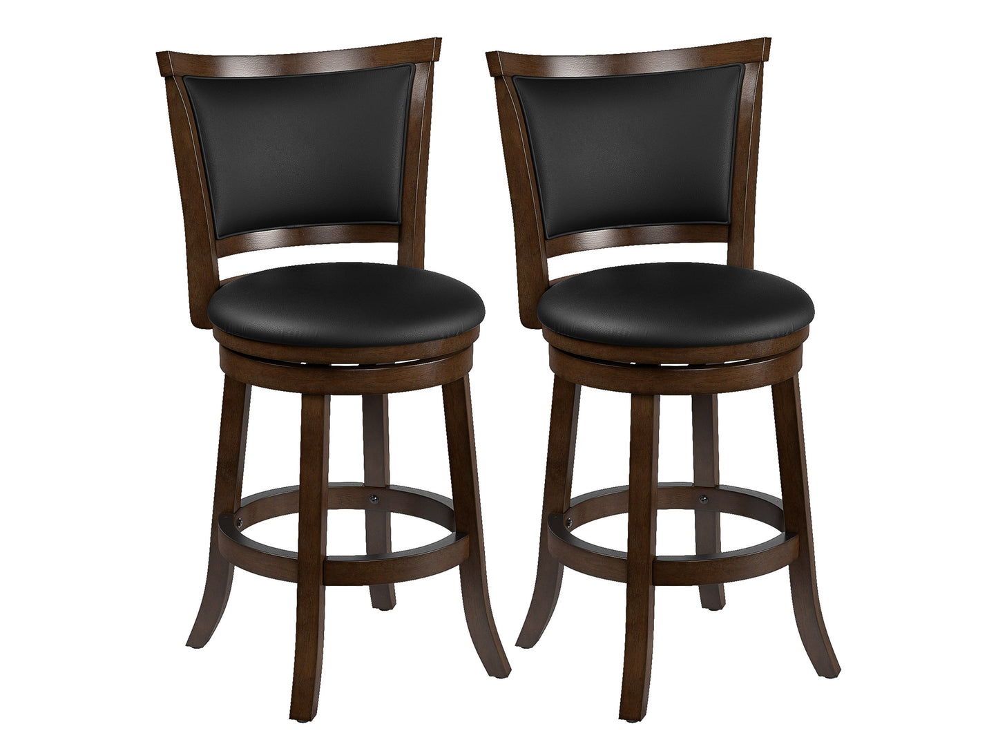 Brown wooden counter height bar stools with cushioned seats, featuring sleek black metal legs and a footrest. Perfect for kitchen islands or home bars, blending rustic charm with modern design.