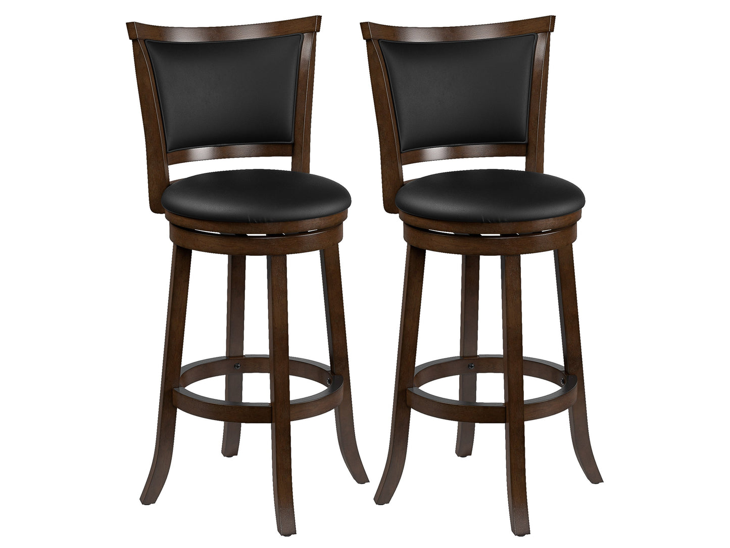 Set of 2 black bar height bar stools with sleek metal frames, cushioned seats, and footrests. Modern design with durable materials ideal for kitchen islands or home bars.