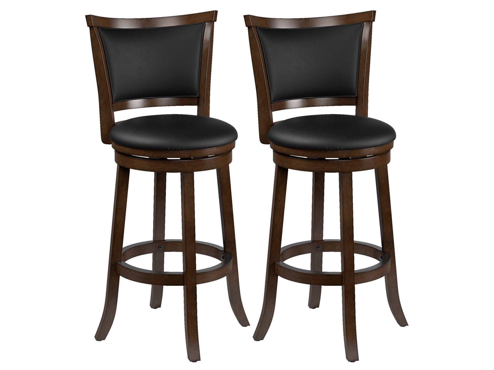 Set of 2 black bar height bar stools with sleek metal frames, cushioned seats, and footrests. Modern design with durable materials ideal for kitchen islands or home bars.