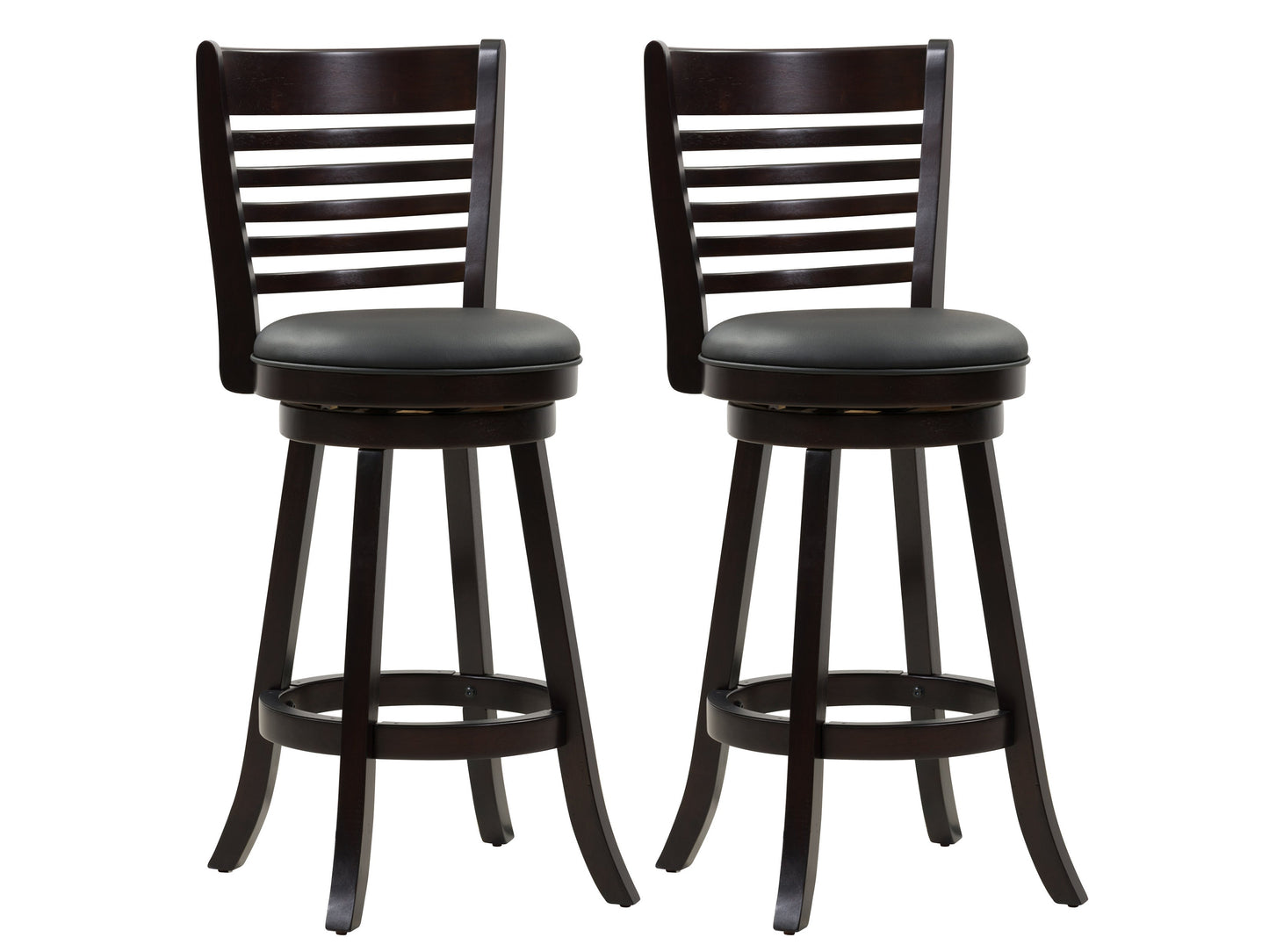 Set of 2 black bar height bar stools with sleek metal frames, cushioned seats, and footrests. Modern design with durable materials ideal for kitchen islands or home bars.