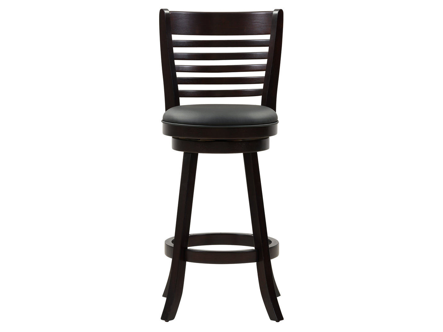 Set of 2 black bar height bar stools with sleek metal frames, cushioned seats, and footrests. Modern design with durable materials ideal for kitchen islands or home bars.
