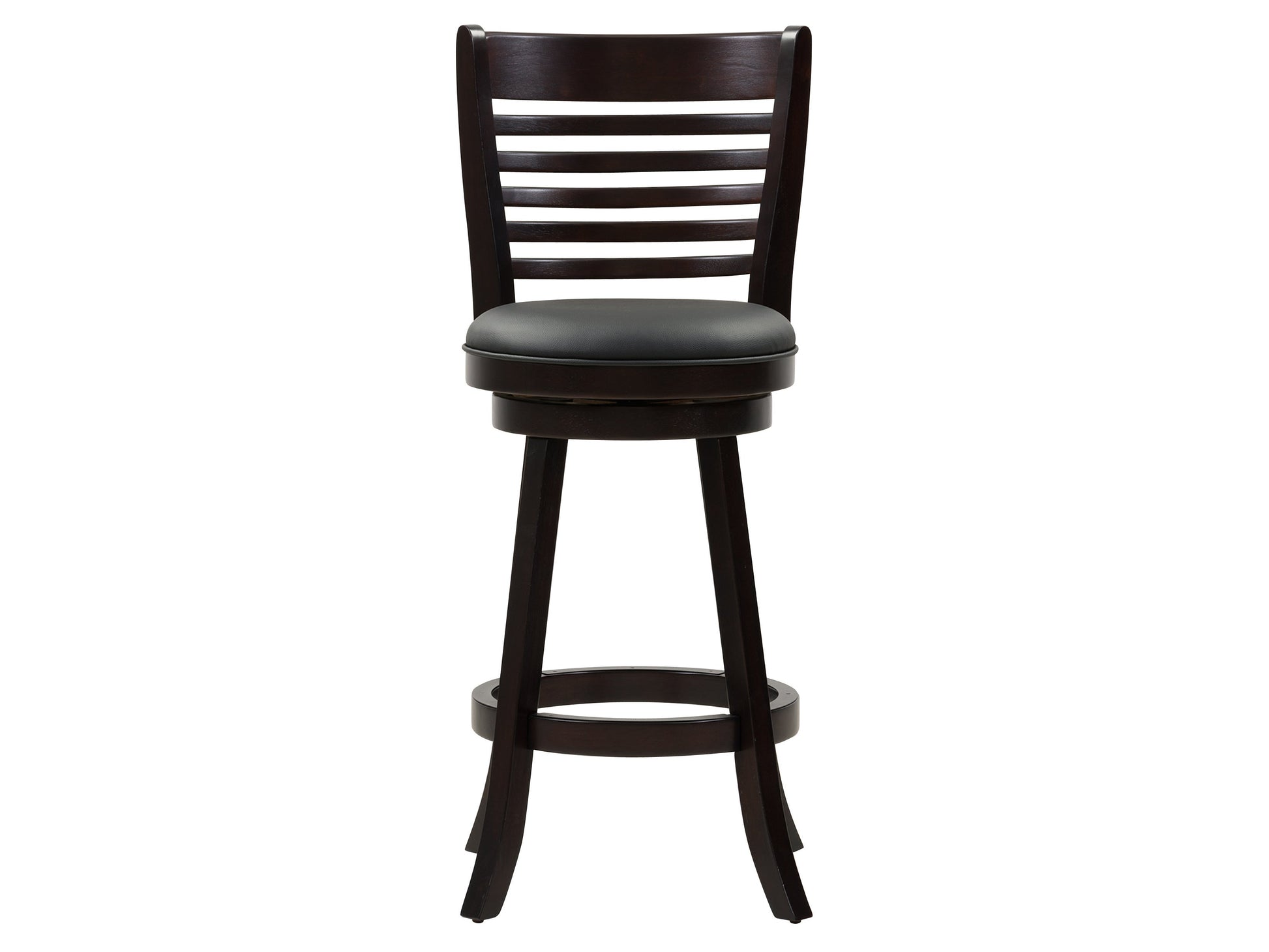 Set of 2 black bar height bar stools with sleek metal frames, cushioned seats, and footrests. Modern design with durable materials ideal for kitchen islands or home bars.