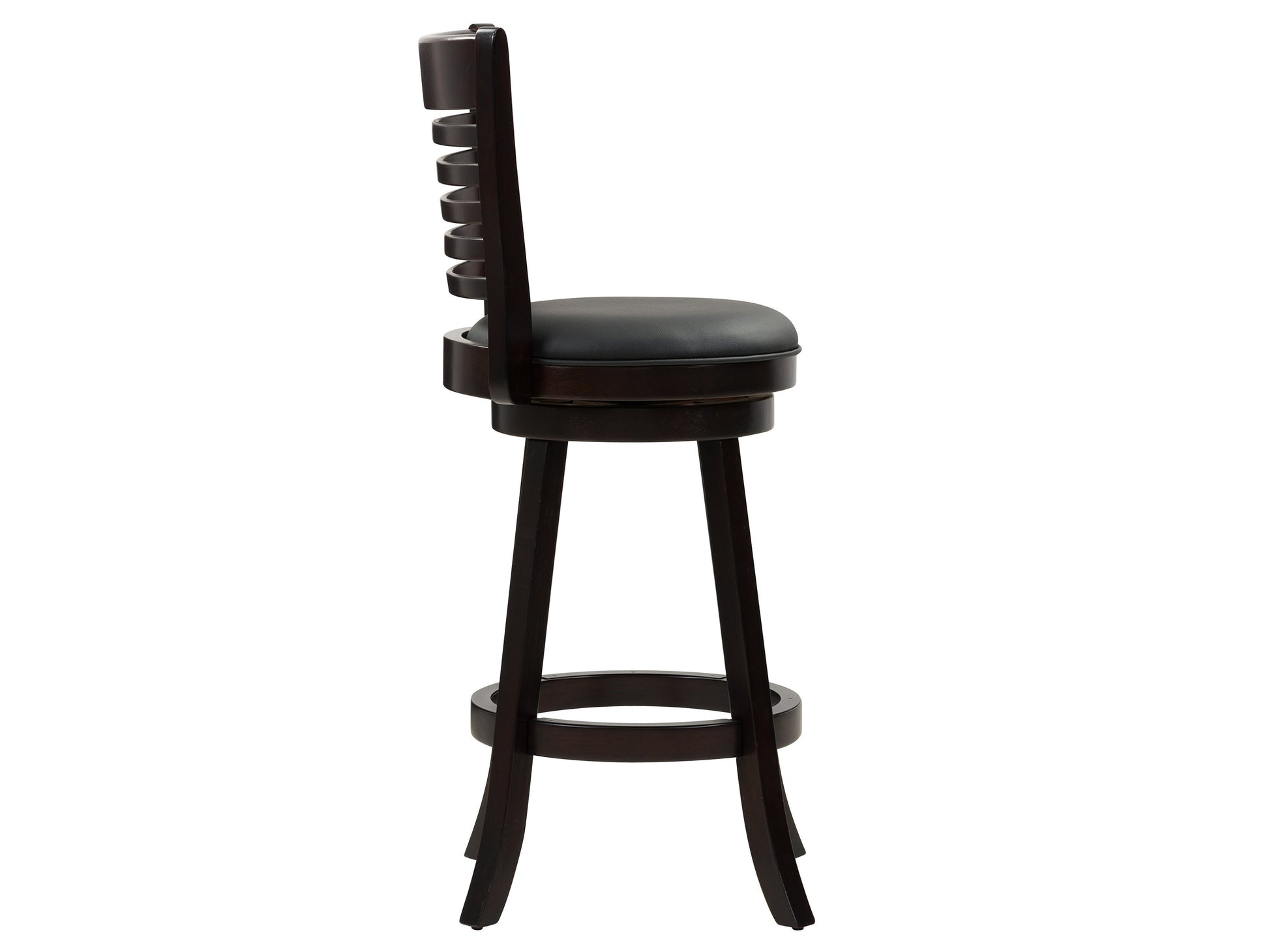 Set of 2 black bar height bar stools with sleek metal frames, cushioned seats, and footrests. Modern design with durable materials ideal for kitchen islands or home bars.
