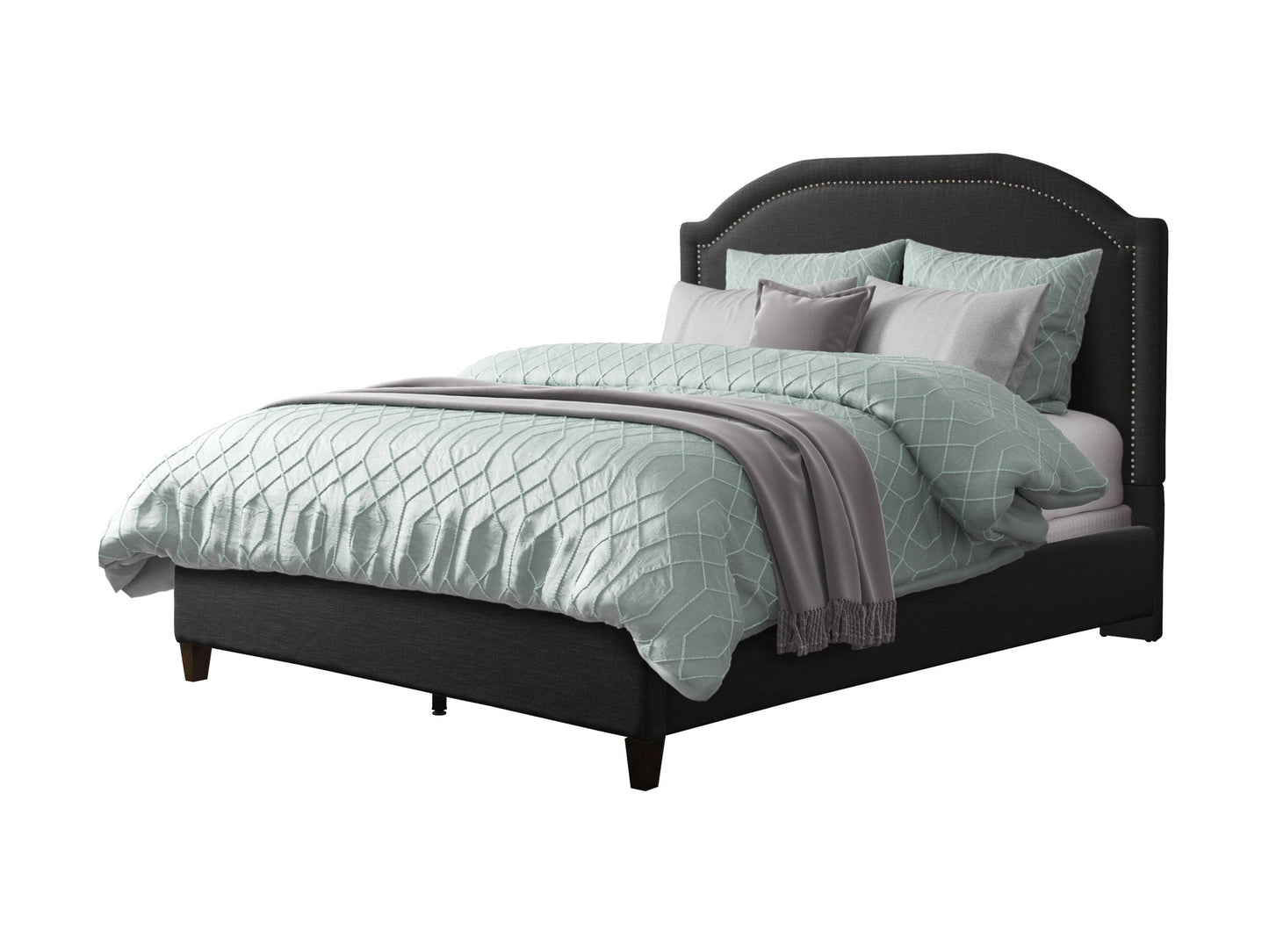 Dark grey upholstered double/full bed with tufted headboard, sleek design, and sturdy wooden legs. Ideal for modern bedrooms, offering comfort and style with high-quality fabric and durable construction.