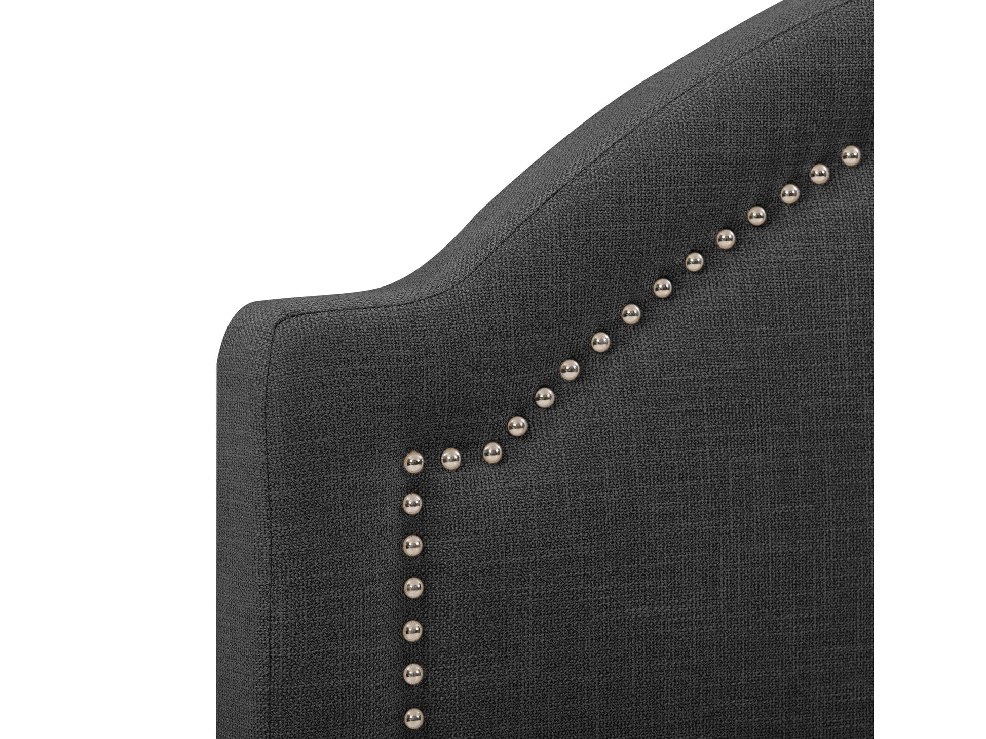 Dark grey upholstered king bed with tufted headboard, sturdy wooden frame, and plush fabric finish. Ideal for modern bedrooms, combining comfort and style with a sleek, contemporary design.