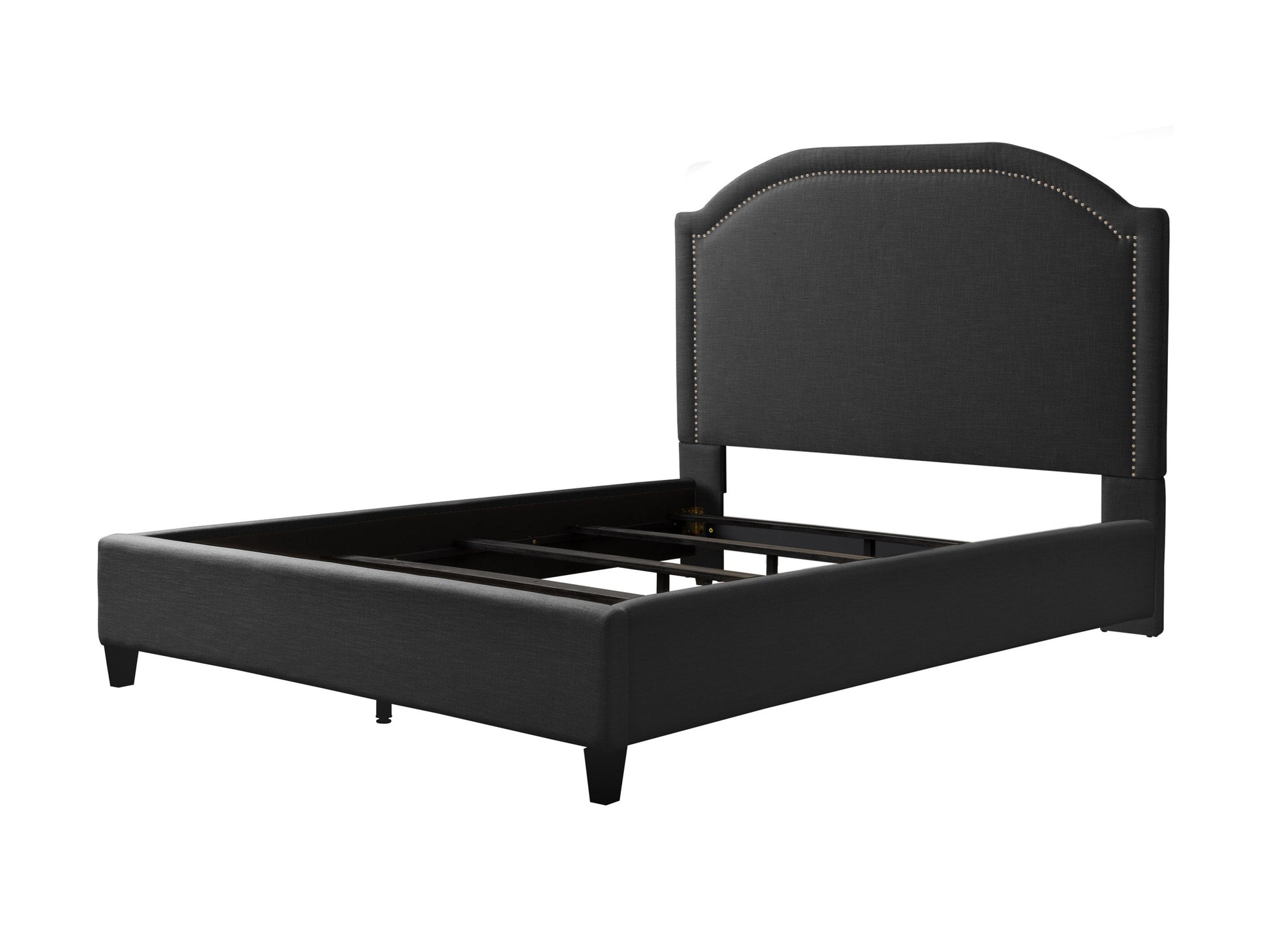 Dark grey upholstered king bed with tufted headboard, sturdy wooden frame, and plush fabric finish. Ideal for modern bedrooms, combining comfort and style with a sleek, contemporary design.