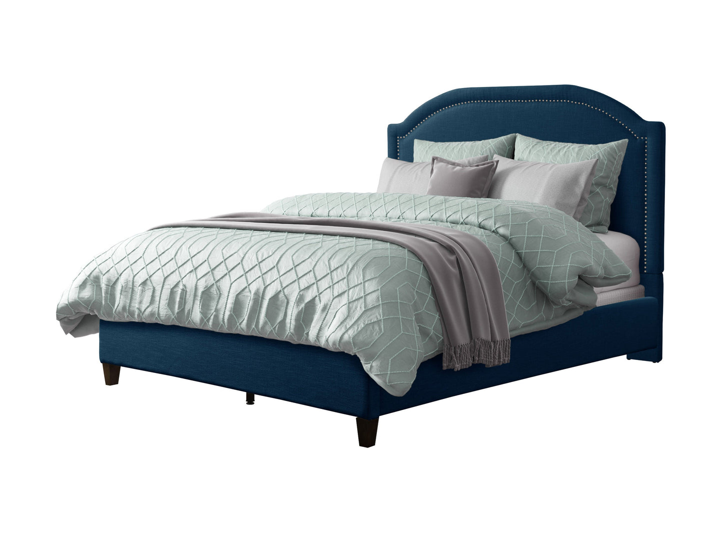 Navy blue upholstered double/full bed with tufted headboard, wooden legs, and soft fabric finish. Ideal for modern bedrooms, offering comfort and style.