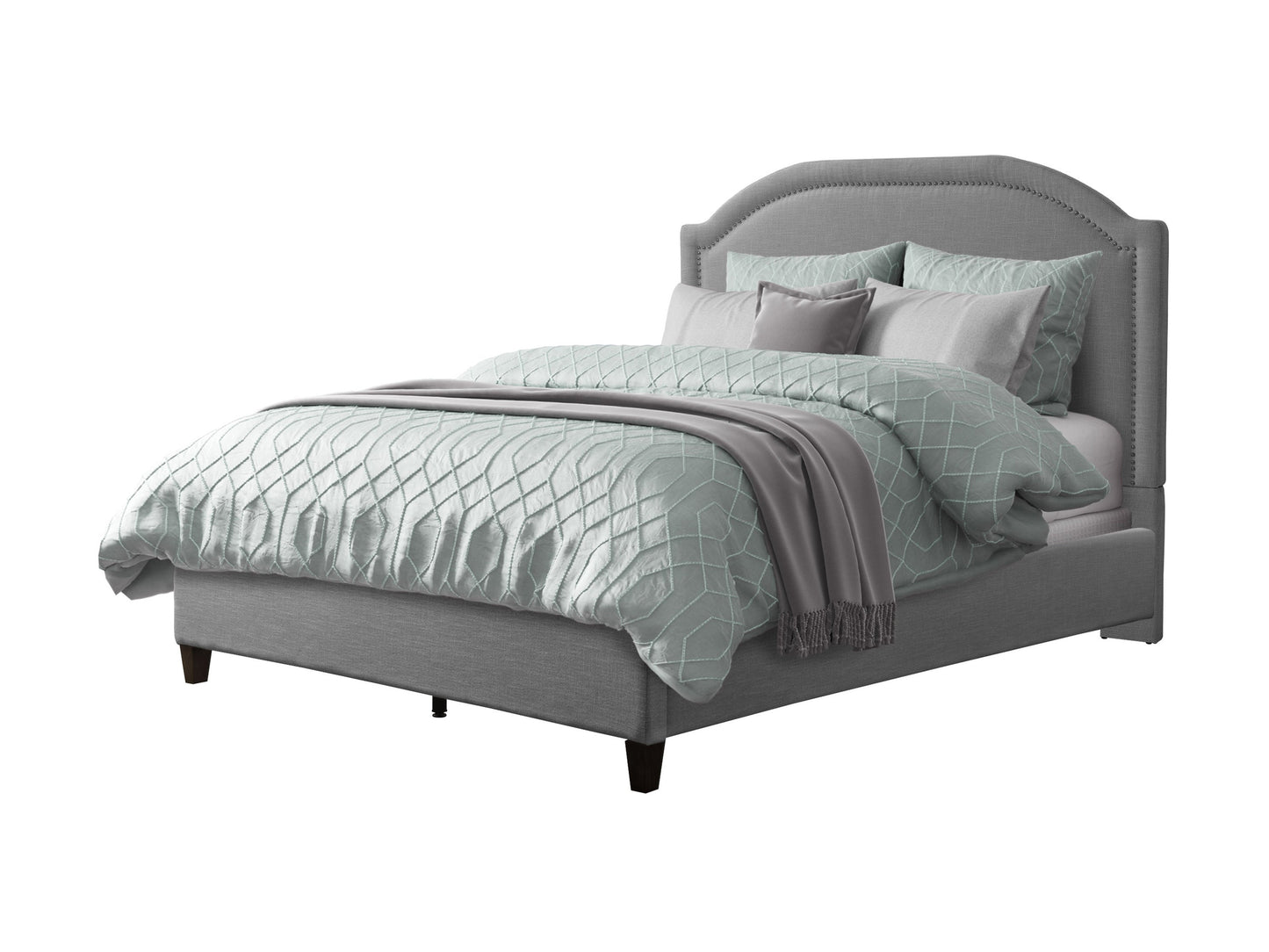 Grey upholstered king bed with tufted headboard, wooden legs, and soft fabric finish. Ideal for modern bedrooms, offering comfort and style.