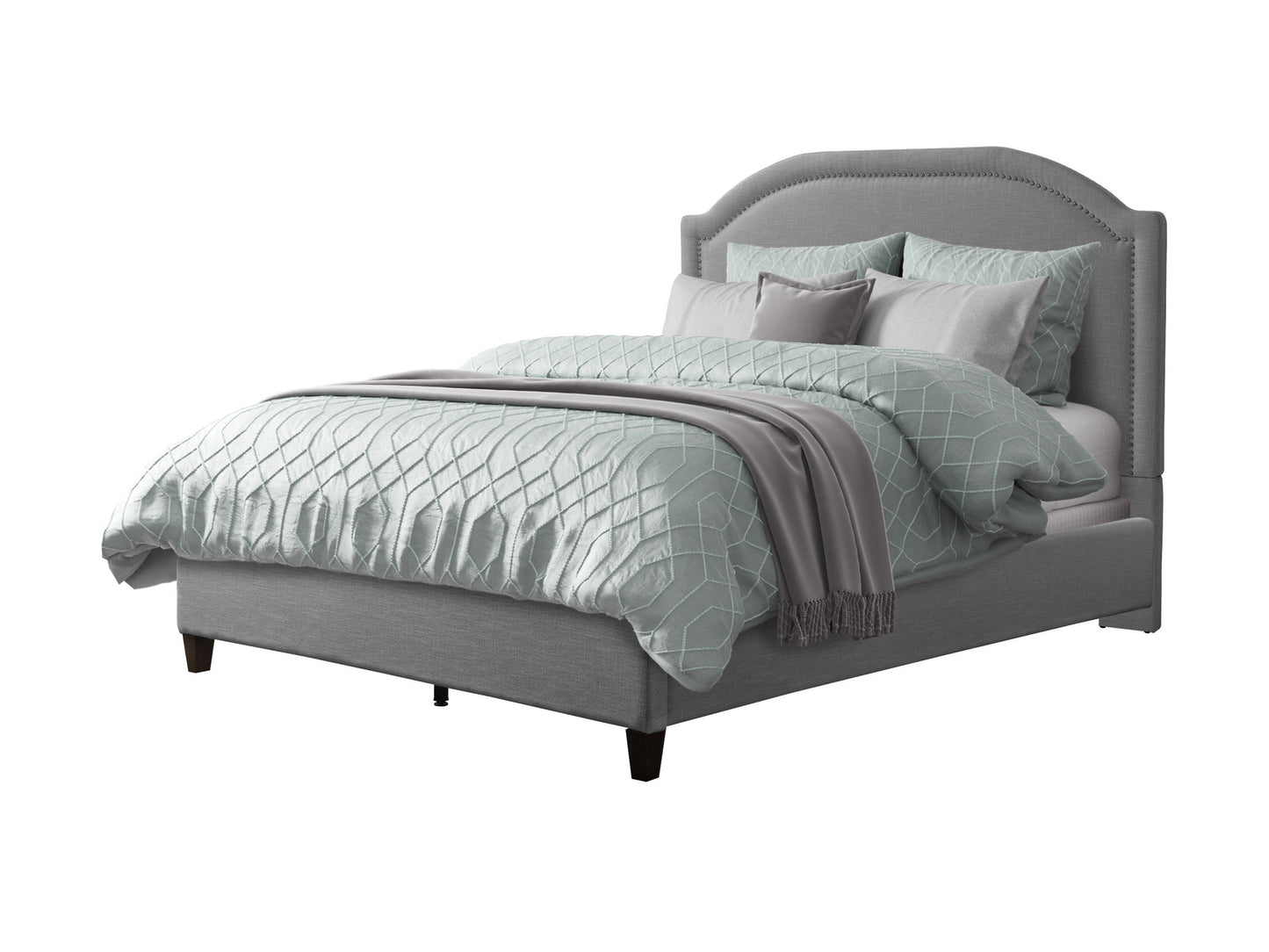 Grey upholstered queen bed with tufted headboard, soft fabric finish, and sturdy wooden legs. Ideal for modern bedrooms seeking comfort and style.