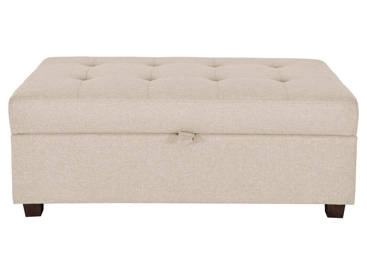 Beige large storage ottoman with tufted top, linen fabric, wooden legs, and spacious interior compartment for extra storage.