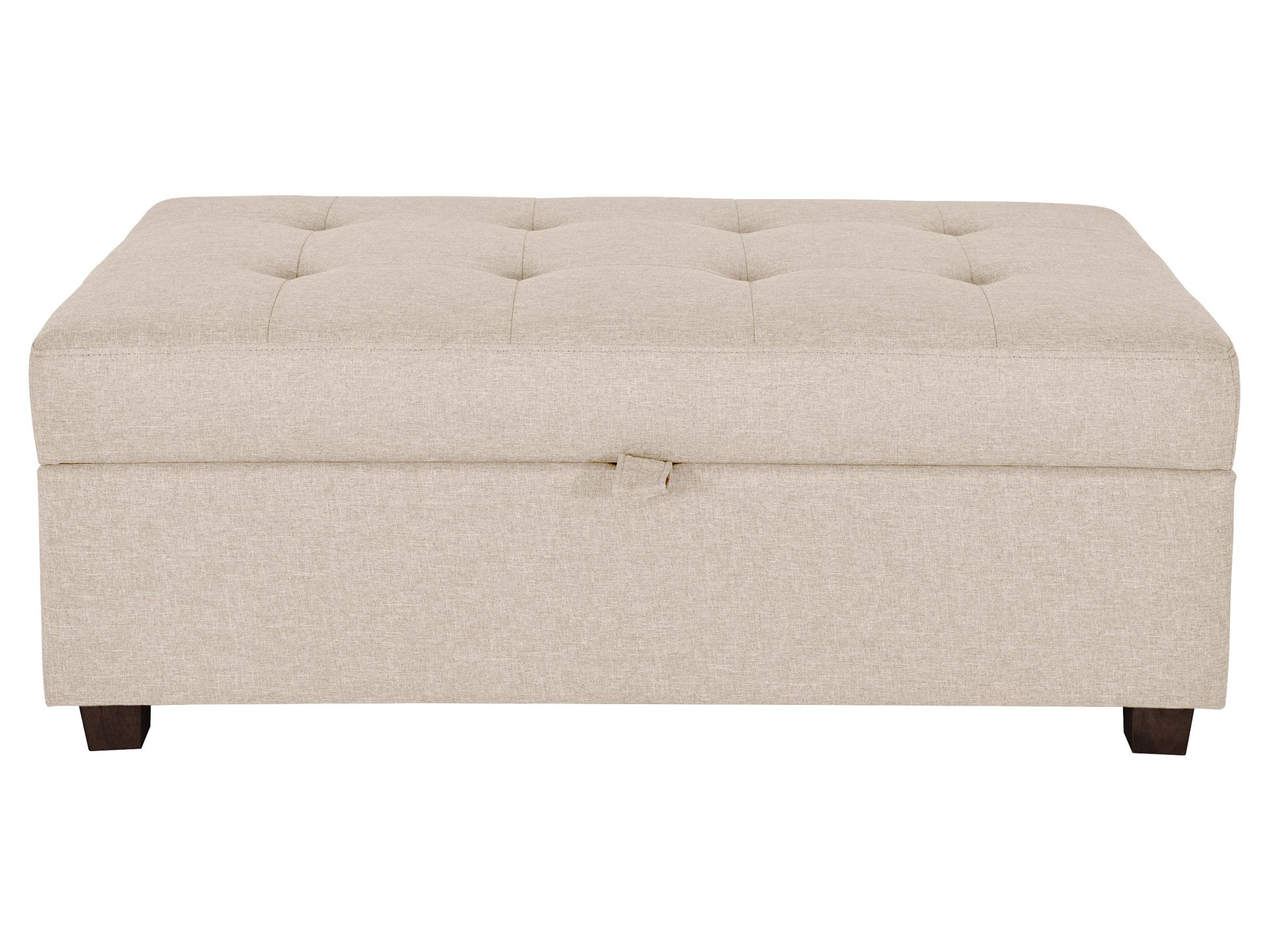 Beige large storage ottoman with tufted top, linen fabric, wooden legs, and spacious interior compartment for extra storage.