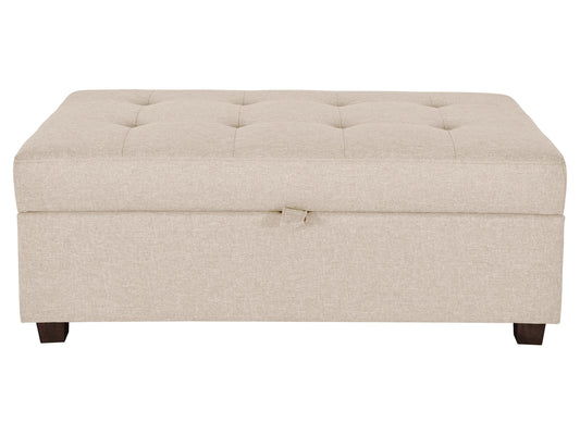 Beige large storage ottoman with tufted top, linen fabric, wooden legs, and spacious interior compartment for extra storage.