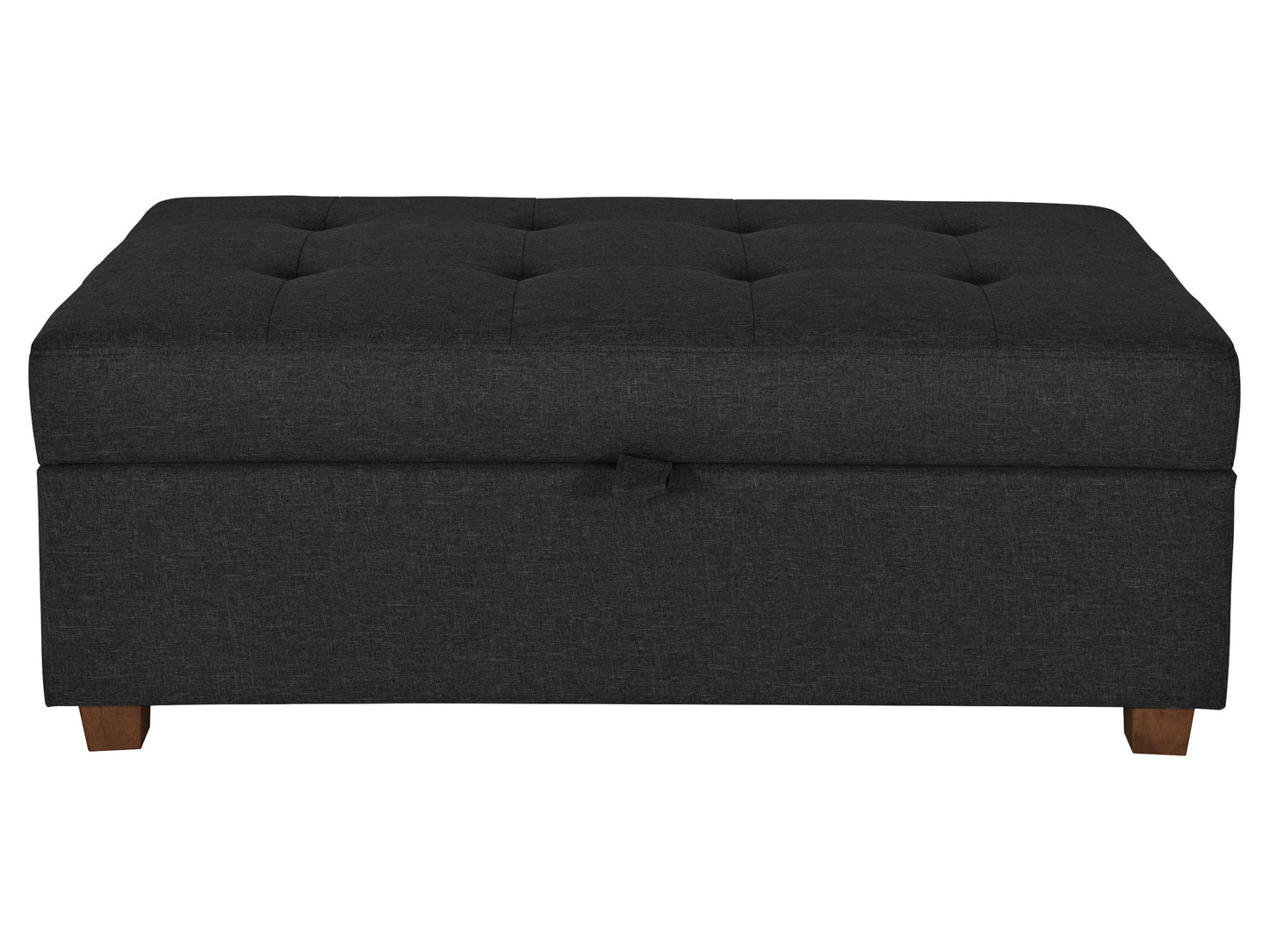 Dark grey large storage ottoman with tufted top, soft fabric upholstery, and spacious interior storage compartment. Ideal for living room, bedroom, or entryway as a stylish and functional furniture piece.