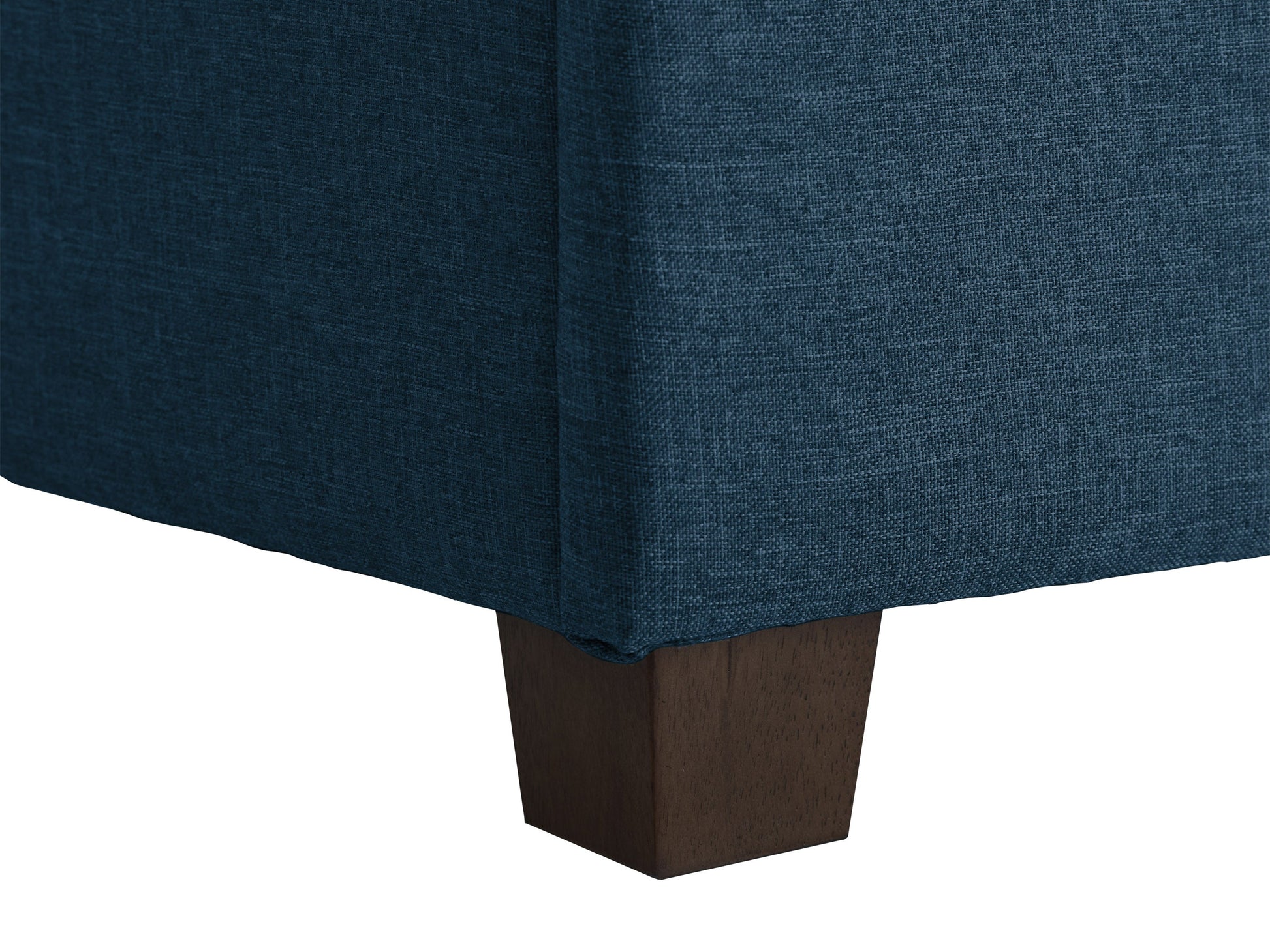 Blue large storage ottoman with tufted top, upholstered in soft fabric, featuring spacious interior storage and sturdy wooden legs, perfect for living room or bedroom organization and seating.