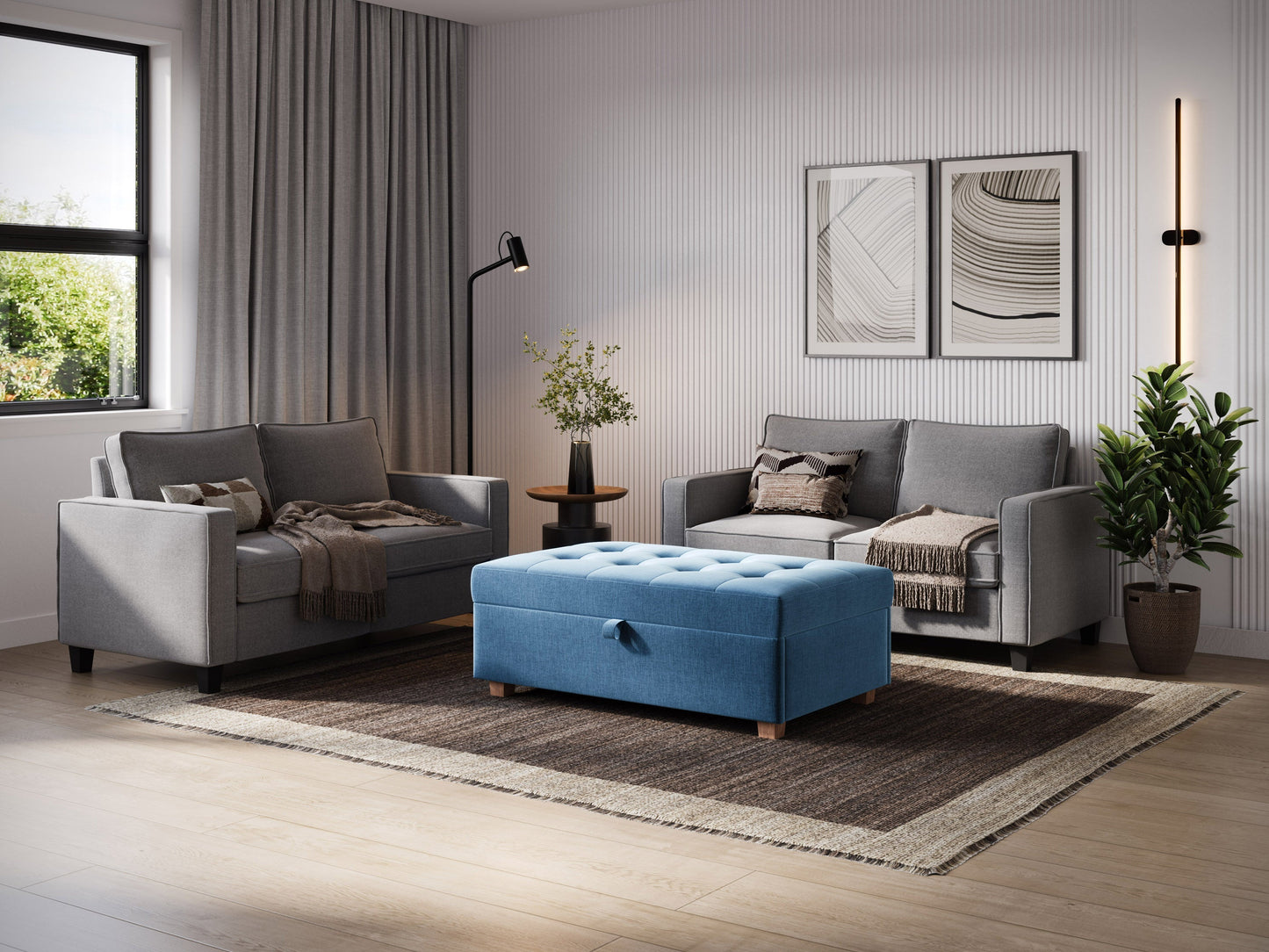 Blue large storage ottoman with tufted top, upholstered in soft fabric, featuring spacious interior storage and sturdy wooden legs, perfect for living room or bedroom organization and seating.