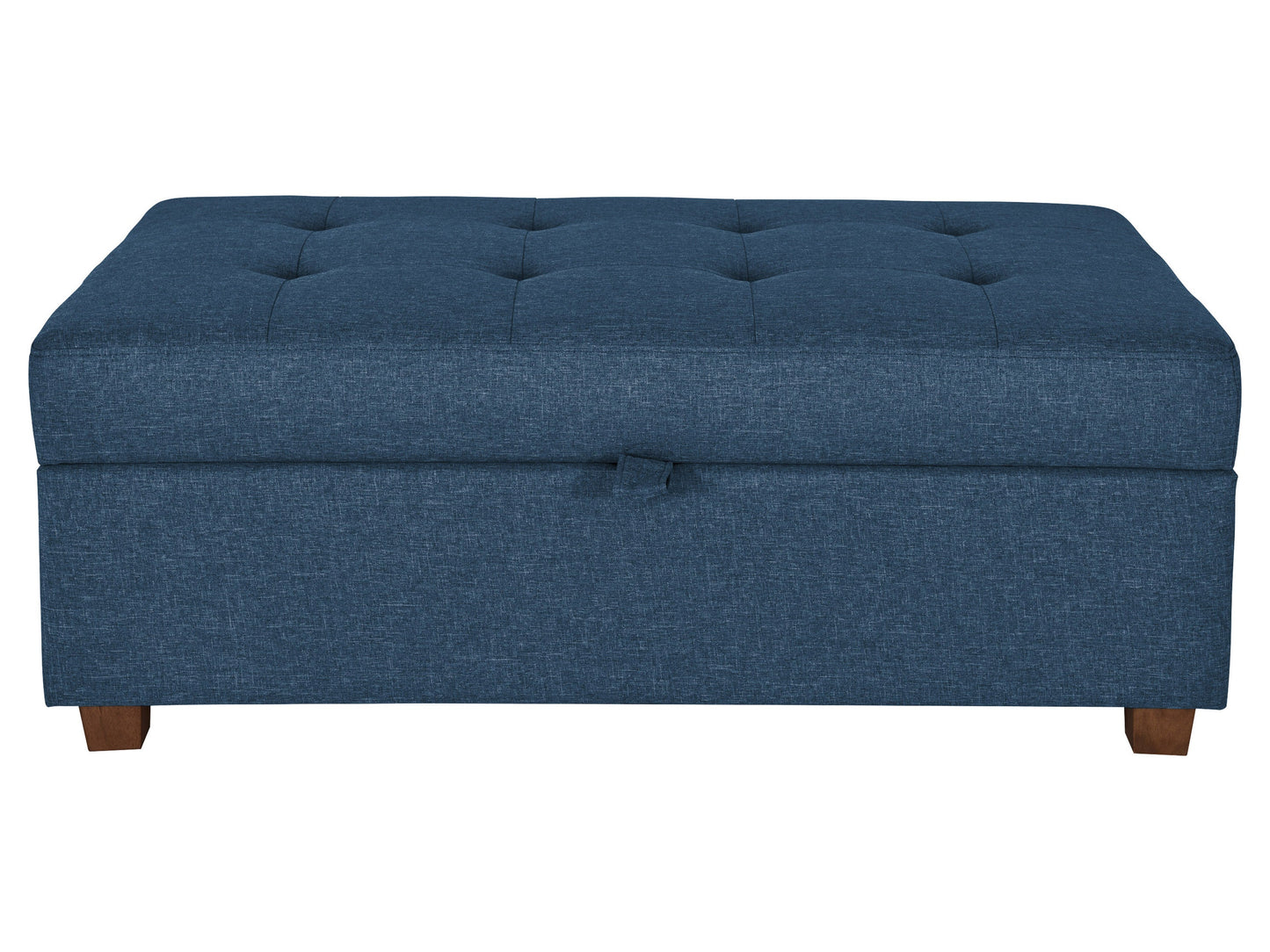 Blue large storage ottoman with tufted top, upholstered in soft fabric, featuring spacious interior storage and sturdy wooden legs, perfect for living room or bedroom organization and seating.