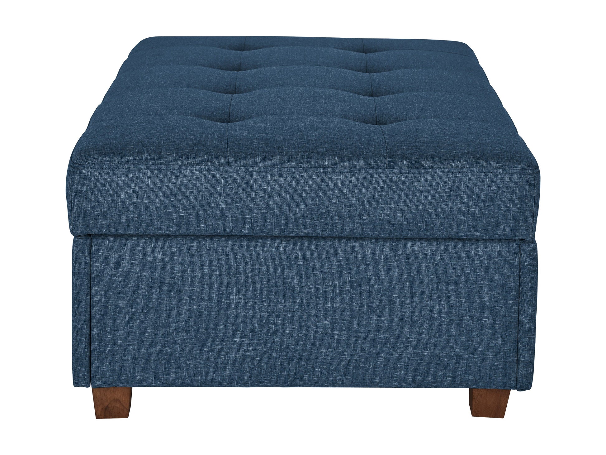 Blue large storage ottoman with tufted top, upholstered in soft fabric, featuring spacious interior storage and sturdy wooden legs, perfect for living room or bedroom organization and seating.