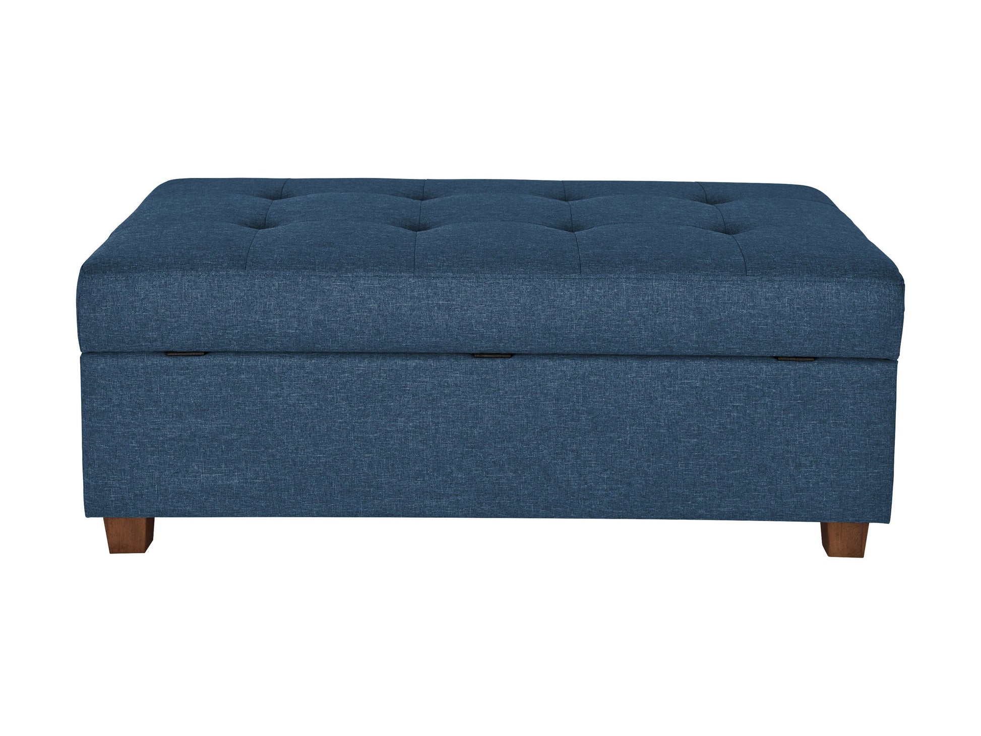 Blue large storage ottoman with tufted top, upholstered in soft fabric, featuring spacious interior storage and sturdy wooden legs, perfect for living room or bedroom organization and seating.