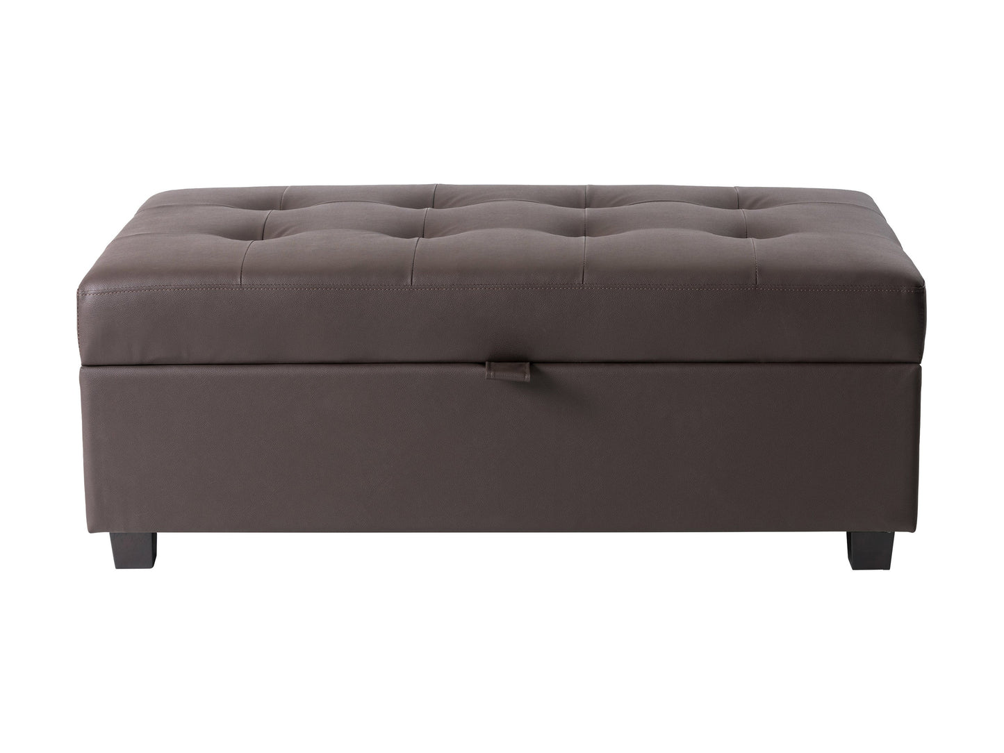 Brown vegan leather storage ottoman with tufted top, rectangular shape, and hidden storage compartment. Ideal for living rooms or bedrooms, offering both style and functionality.