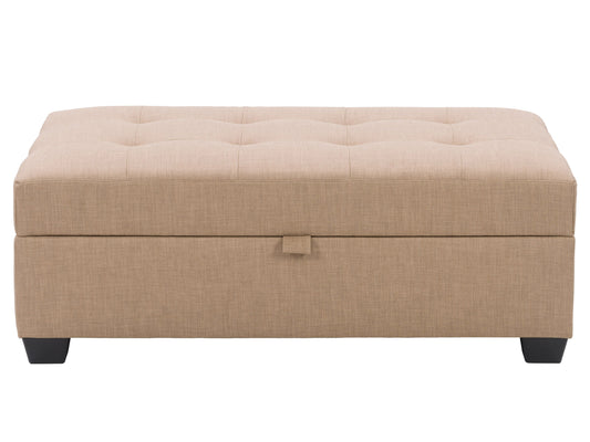 Tufted storage ottoman with beige fabric, button-tufted top, wooden legs, and hidden storage compartment. Ideal for living rooms and bedrooms, this versatile piece combines style and functionality.