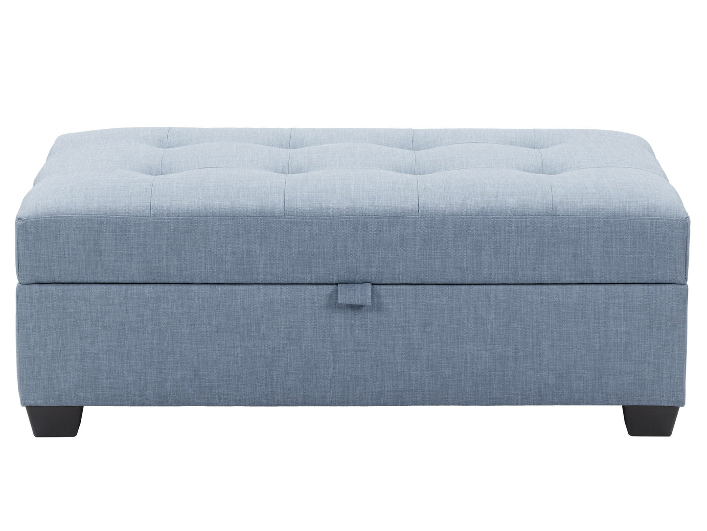 Gray tufted storage ottoman with wooden legs, featuring a soft fabric texture and a lift-top lid for hidden storage. Ideal for living rooms and bedrooms, combining functionality with elegant design.