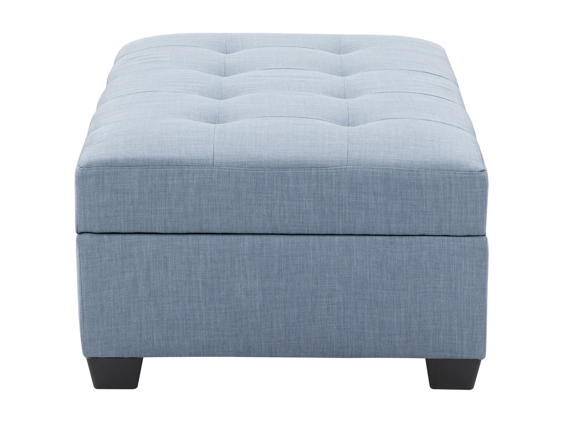 Tufted storage ottoman in gray fabric with button-tufted top, wooden legs, and spacious interior storage compartment. Ideal for living room or bedroom decor.