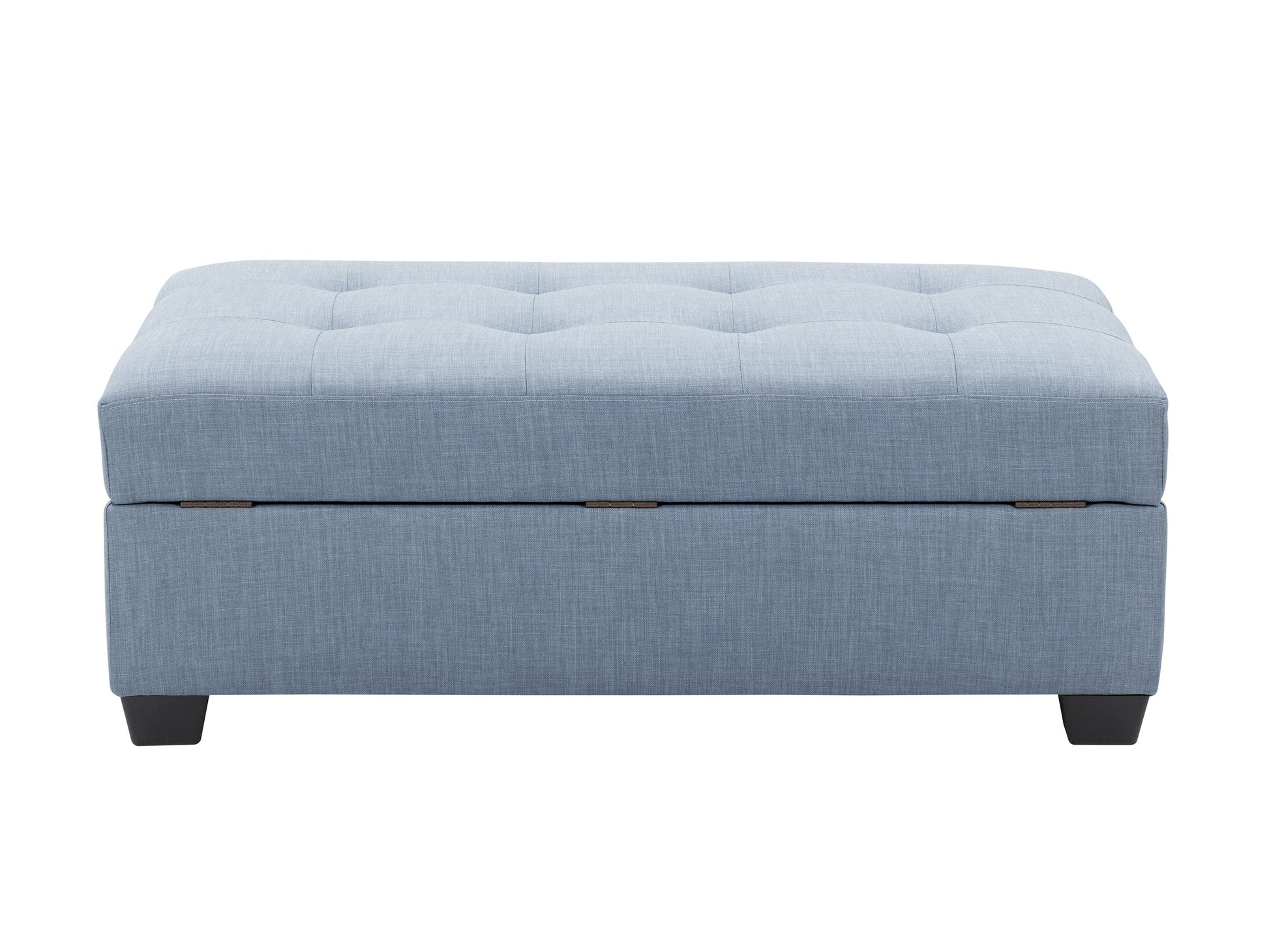 Tufted storage ottoman in beige fabric with button-tufted design, wooden legs, and spacious interior storage. Perfect for living room or bedroom decor.