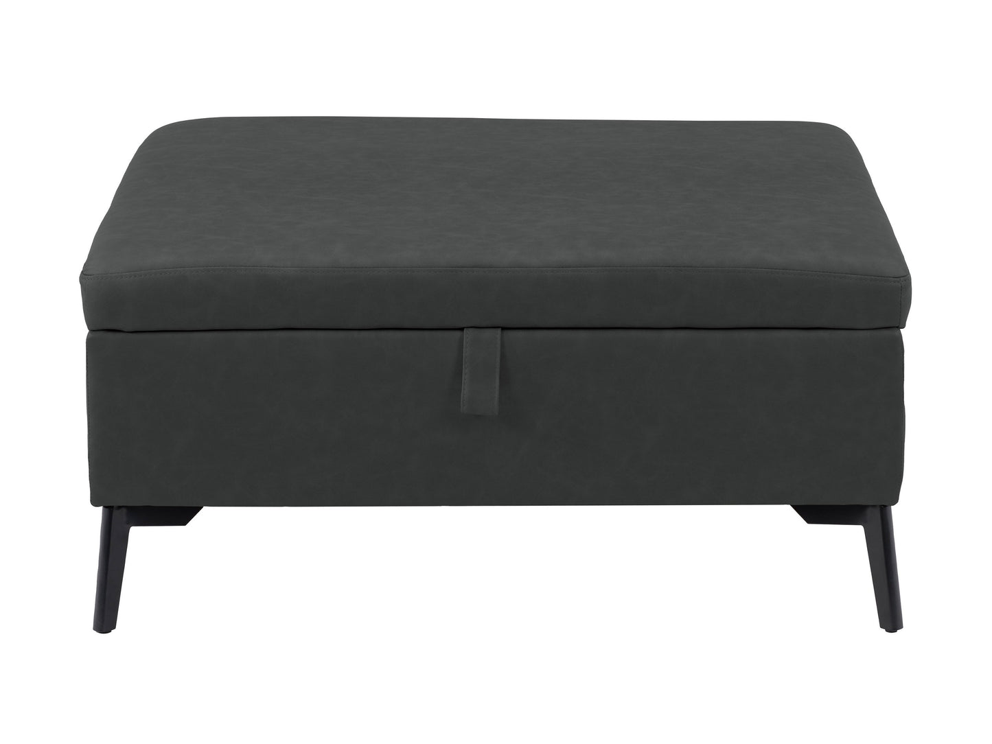 Black mid-century modern ottoman with sleek wooden legs, tufted cushion, and minimalist design. Perfect for living room or office decor.