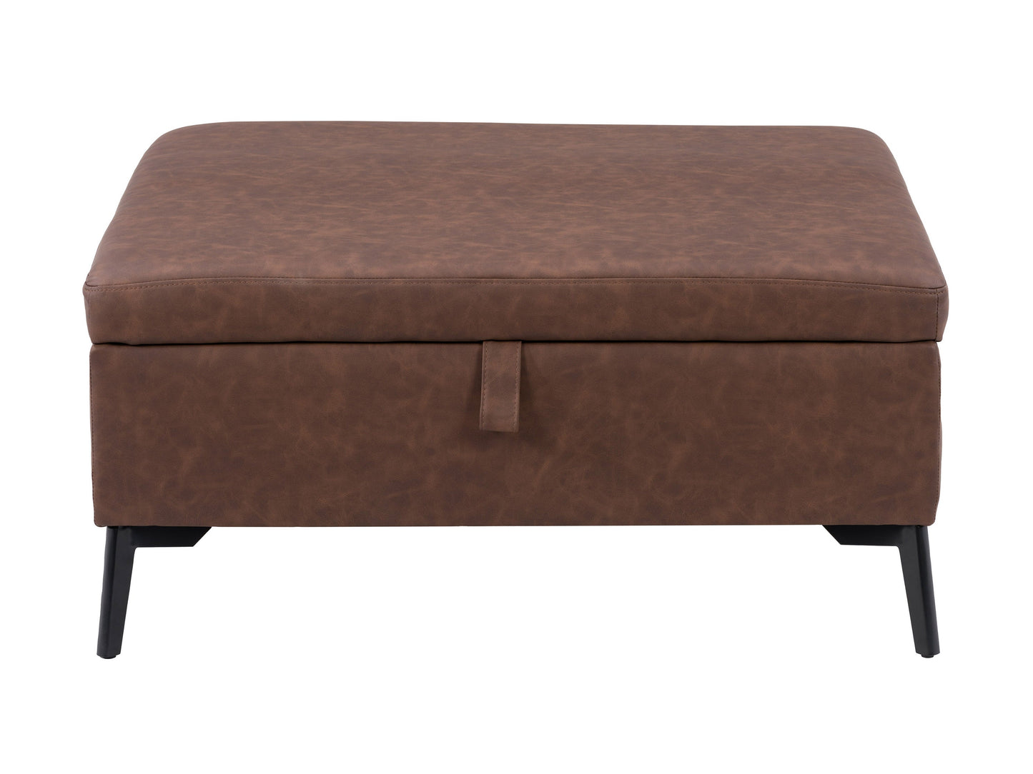 Dark brown mid-century modern ottoman with tapered wooden legs, smooth leather upholstery, and tufted cushion. Ideal for living rooms, this stylish and functional piece adds a retro touch to any decor.