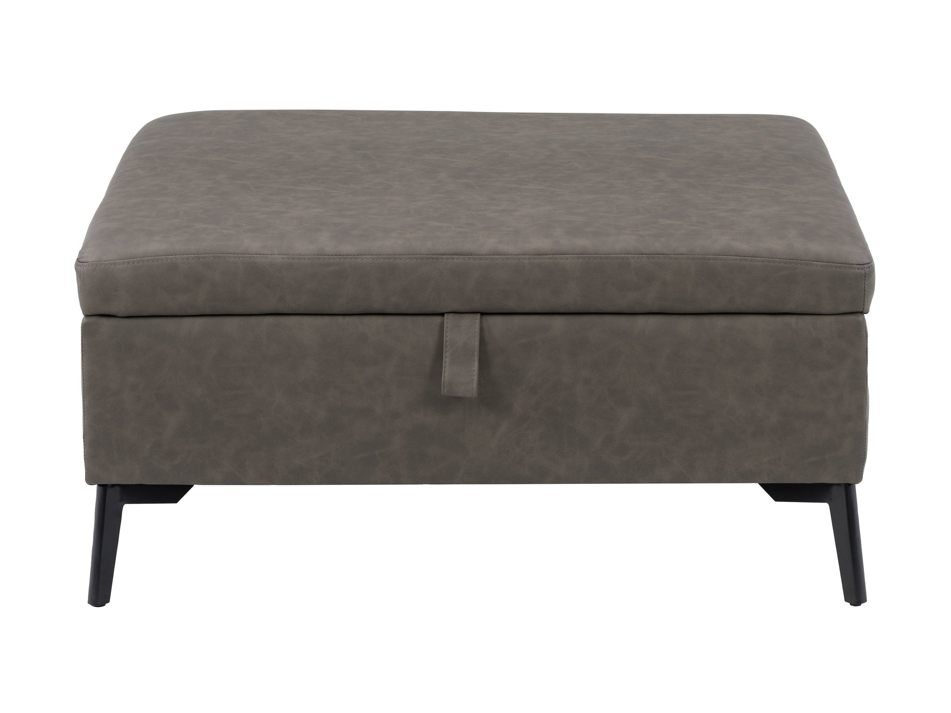 Grey mid-century modern ottoman with wooden legs, upholstered in soft fabric. Features a minimalist design with tufted top cushion and sturdy construction, perfect for living room or office decor.