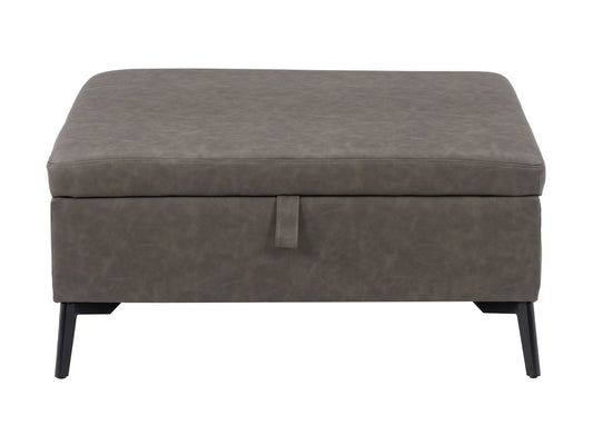 Grey mid-century modern ottoman with wooden legs, upholstered in soft fabric. Features a minimalist design with tufted top cushion and sturdy construction, perfect for living room or office decor.