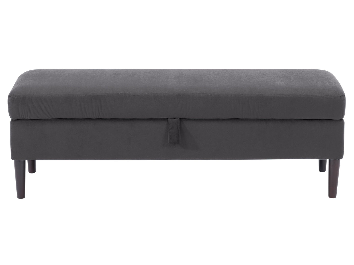 Dark grey velvet storage ottoman with tufted top, wooden legs, and spacious interior storage compartment.