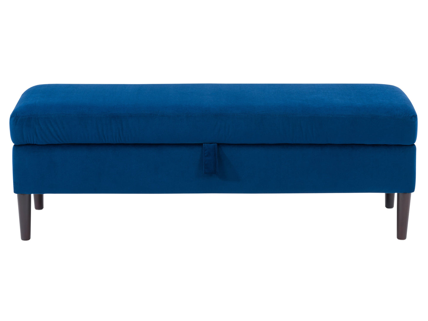 Blue velvet storage ottoman with tufted cushion, gold metal legs, and spacious interior compartment for extra storage.