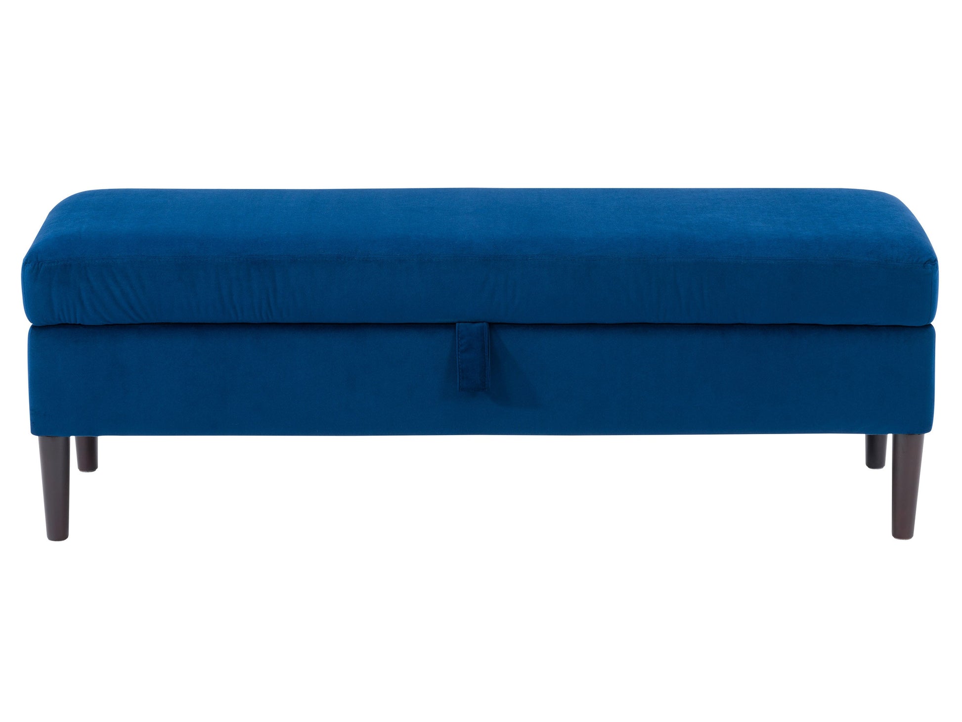 Blue velvet storage ottoman with tufted cushion, gold metal legs, and spacious interior compartment for extra storage.