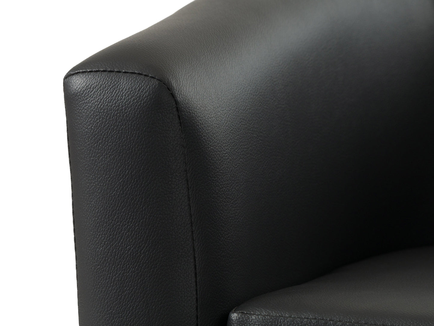 Black vegan leather barrel chair with sleek curves, smooth texture, and padded seat. Features a modern design with sturdy metal legs, perfect for contemporary living rooms or offices.