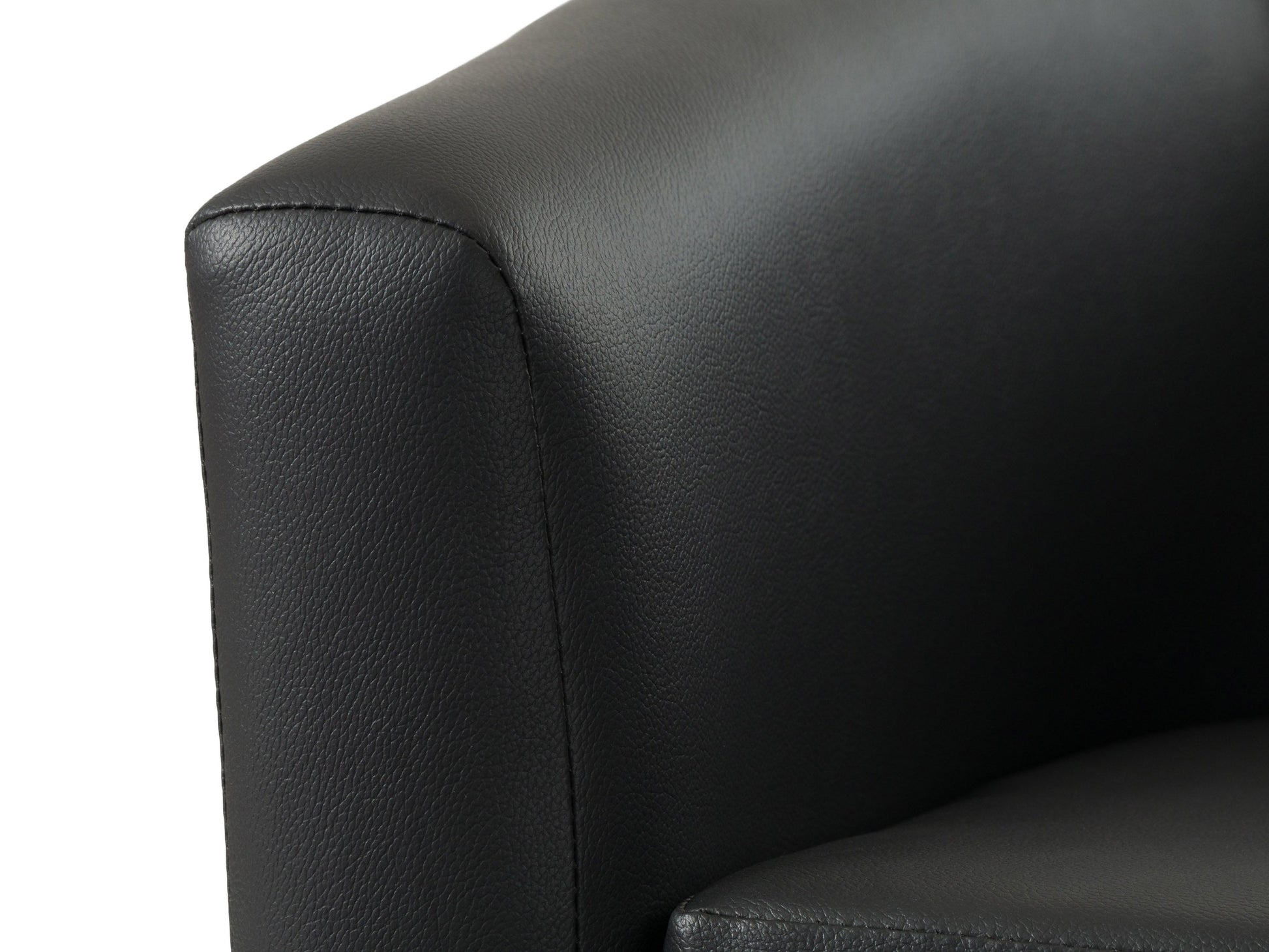 Black vegan leather barrel chair with sleek curves, smooth texture, and padded seat. Features a modern design with sturdy metal legs, perfect for contemporary living rooms or offices.