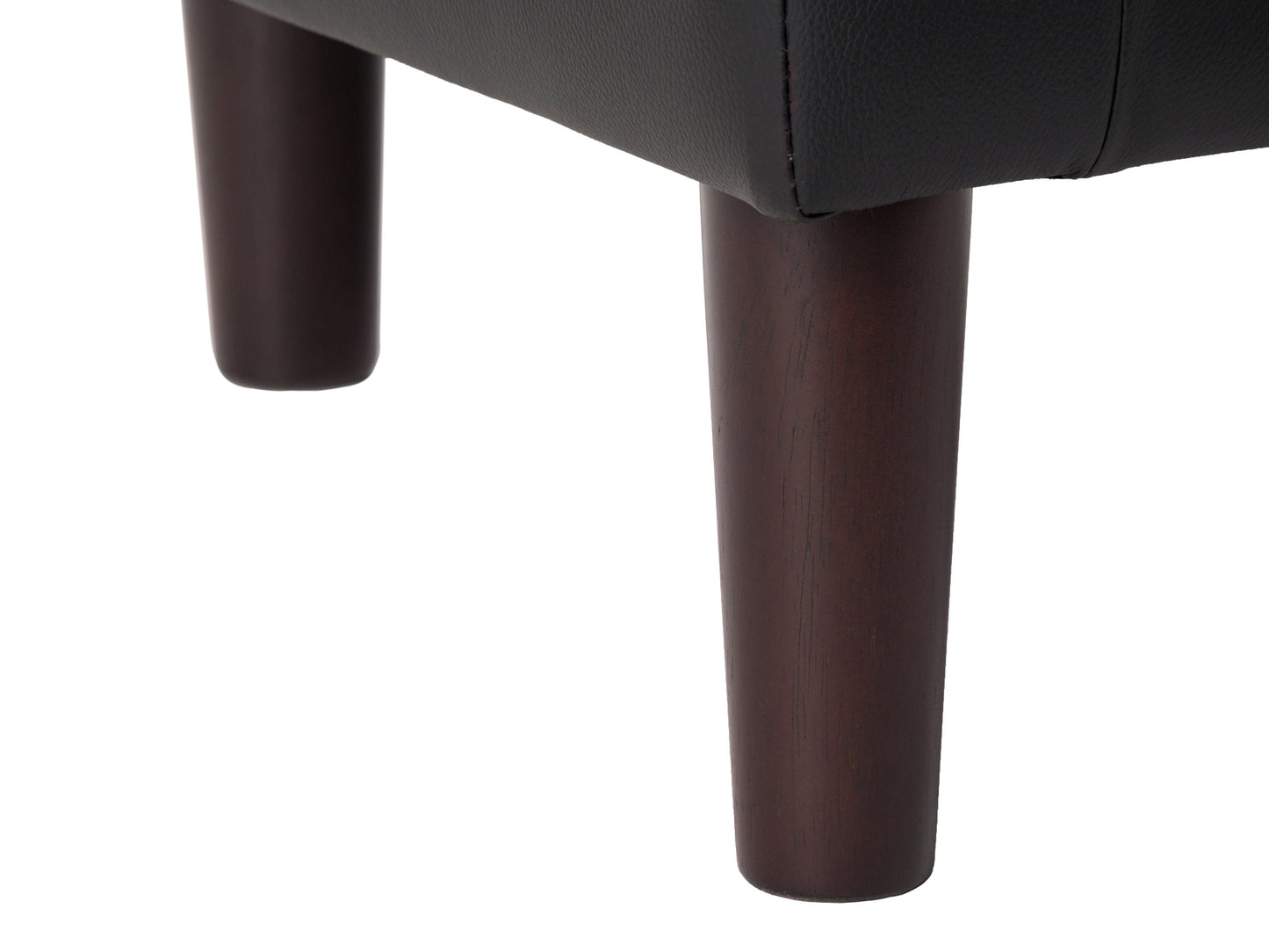 Black vegan leather barrel chair with sleek curves, smooth texture, and padded seat. Features a modern design with sturdy metal legs, perfect for contemporary living rooms or offices.