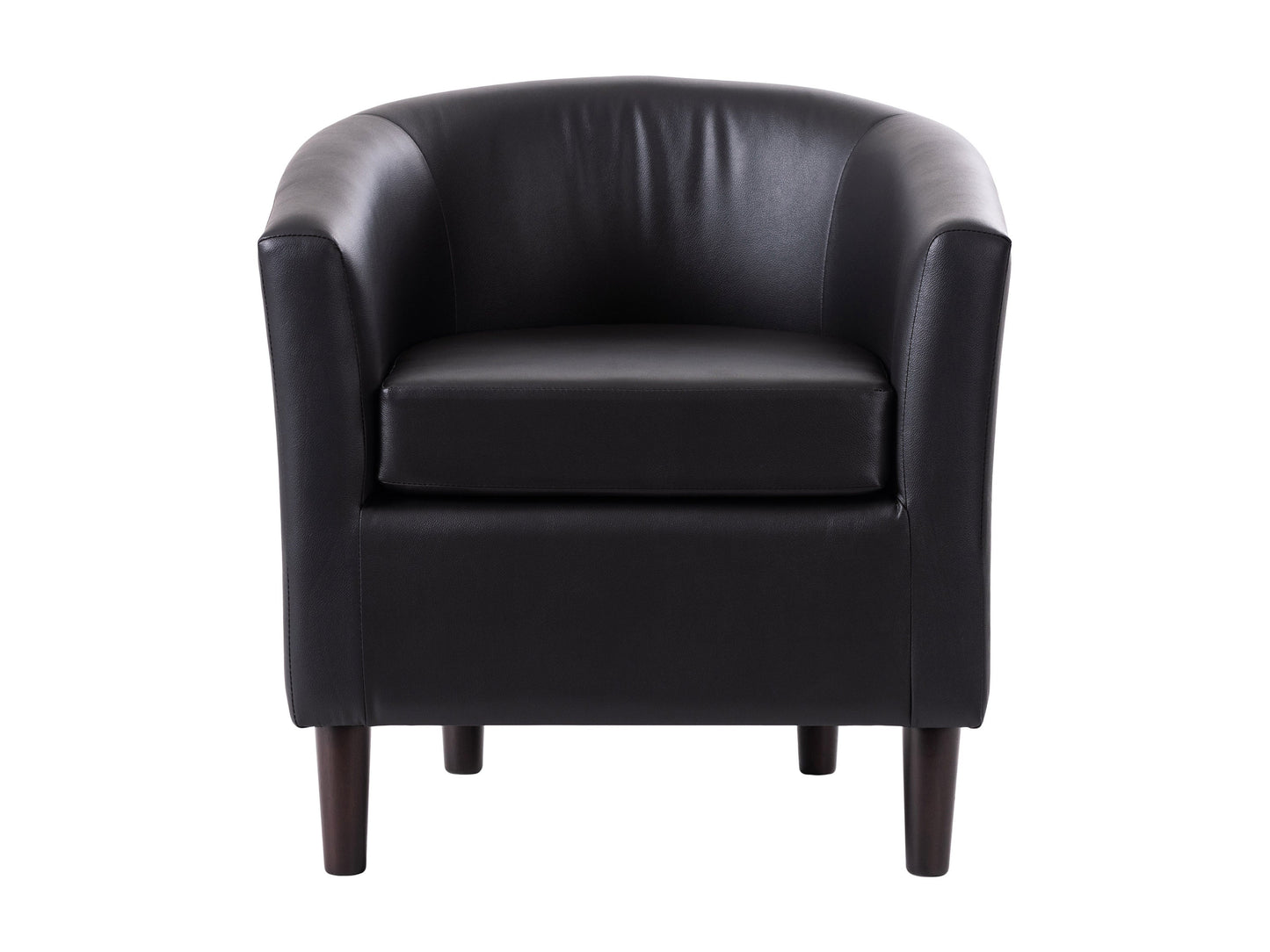 Black vegan leather barrel chair with sleek curves, smooth texture, and padded seat. Features a modern design with sturdy metal legs, perfect for contemporary living rooms or offices.